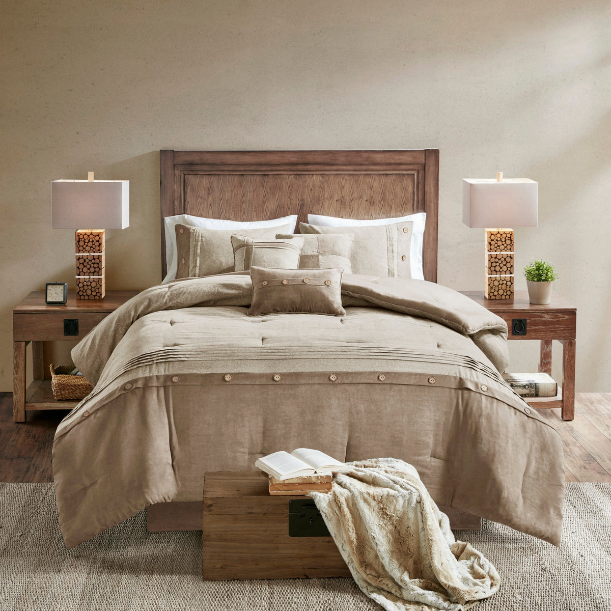 7 Piece Faux Suede Comforter Set Tan Queen