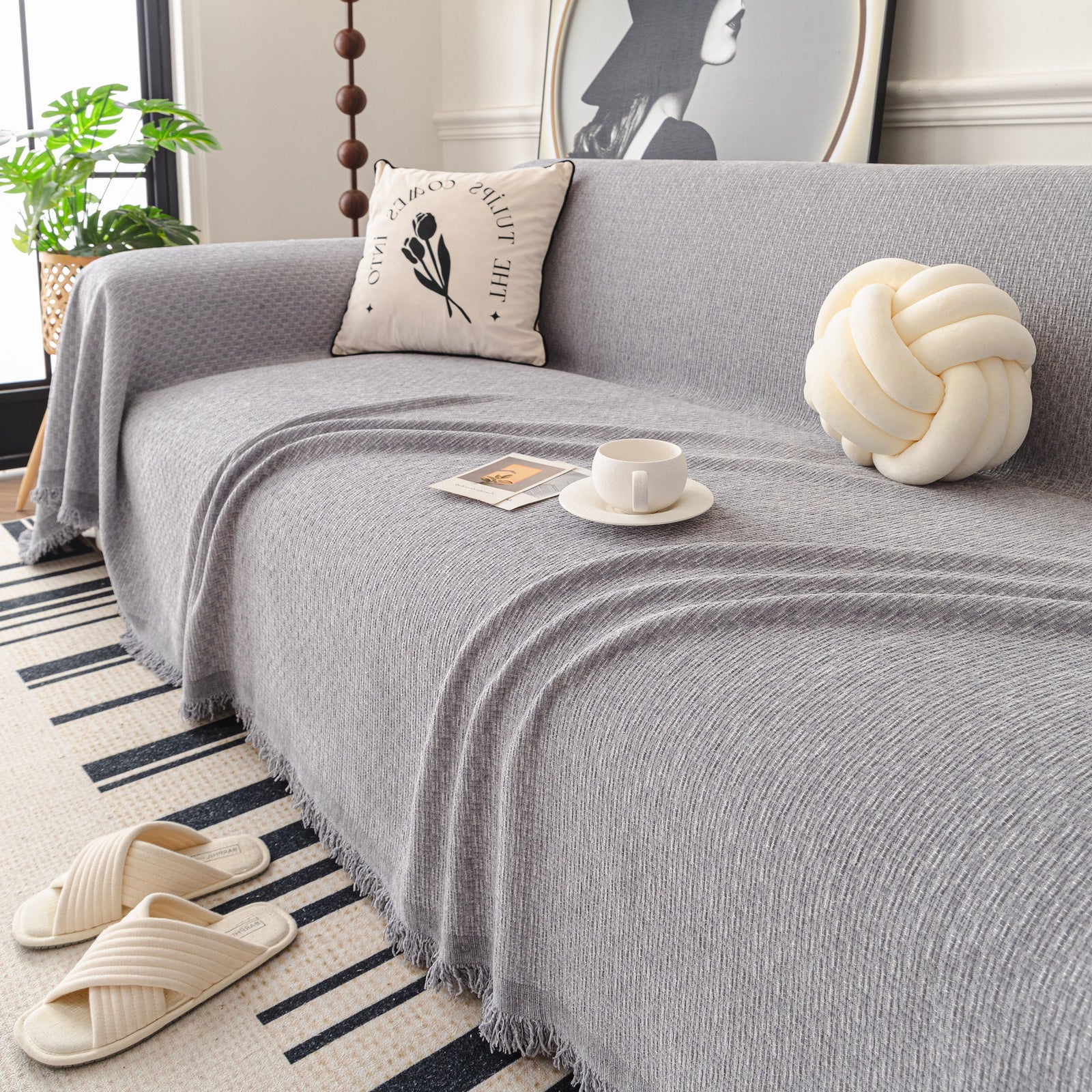 Textured Woven Modern Sofa Cover, Natural Blend Decorative Couch Throw Blanket