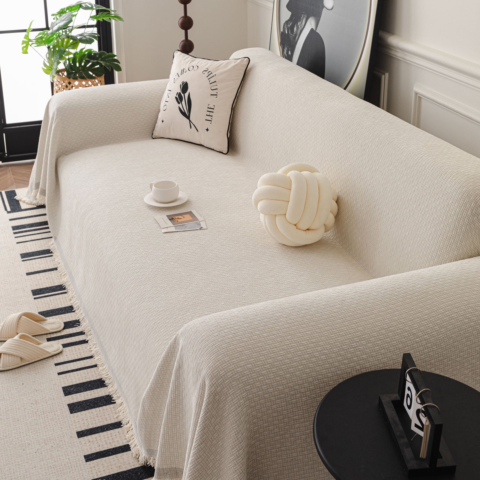 Textured Woven Modern Sofa Cover, Natural Blend Decorative Couch Throw Blanket
