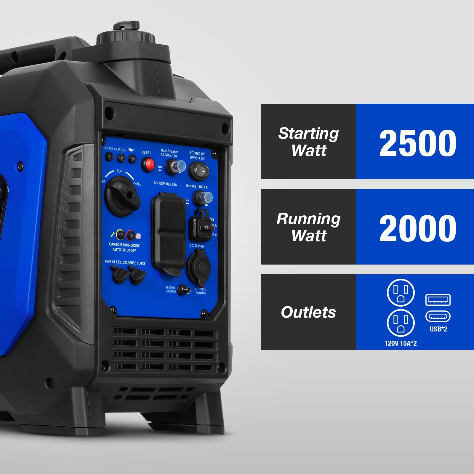 BILT HARD 2500W Portable Inverter Generator – Quiet 80cc 4-Stroke Ducar® Engine, CO Sensor, 120V AC & 12V DC, Compact Backup Power for Camping, RV, Home