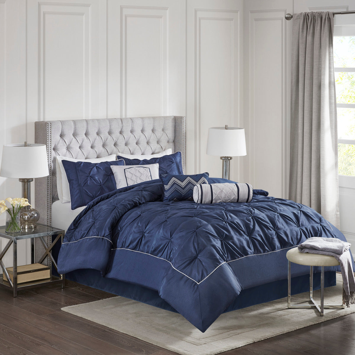 7 Piece Tufted Comforter Set Navy Queen