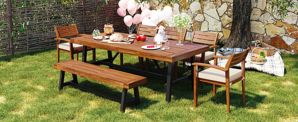 Acacia Wood Outdoor Dining Set with Ergonomic Seating - Seats 7-8