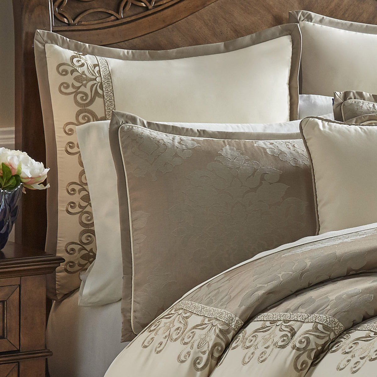 Ivory Damask Jacquard Comforter Ensemble with Embroidered Border - 9-Piece Set