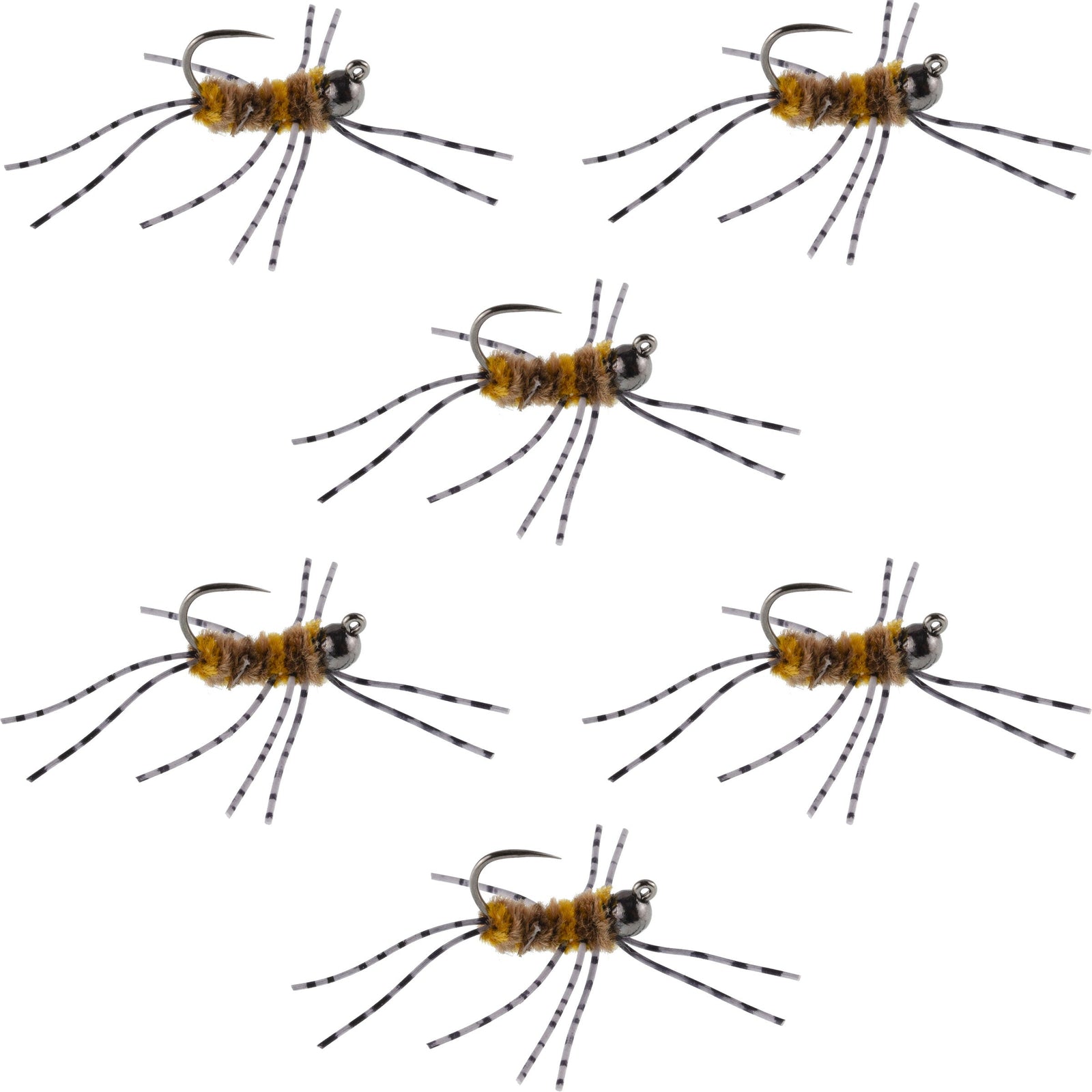 Barbless Pat's Barred Rubber Legs Tungsten Bead Jigged Coffee/Tan Euro Nymph  - Set of 6 Flies Hook Size 6