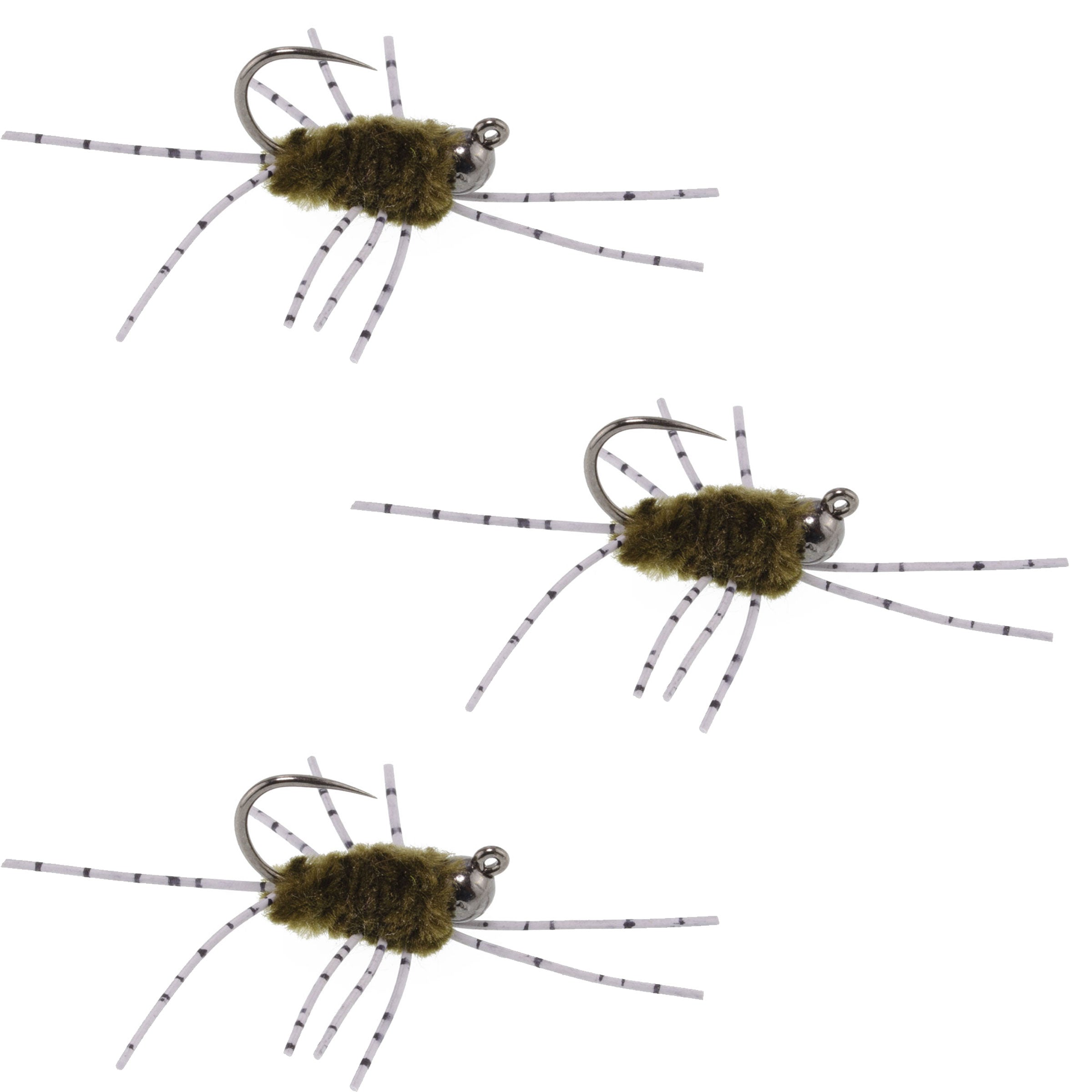 3 Pack Barbless Pat's Barred Rubber Legs Tungsten Bead Jigged Dark Olive Euro Nymph  -  Hook Size 6