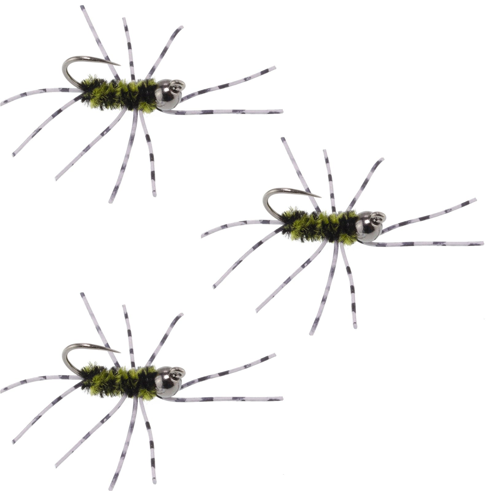 3 Pack Barbless Pat's Barred Rubber Legs Tungsten Bead Jigged Black/Olive Euro Nymph  - Hook Size 6