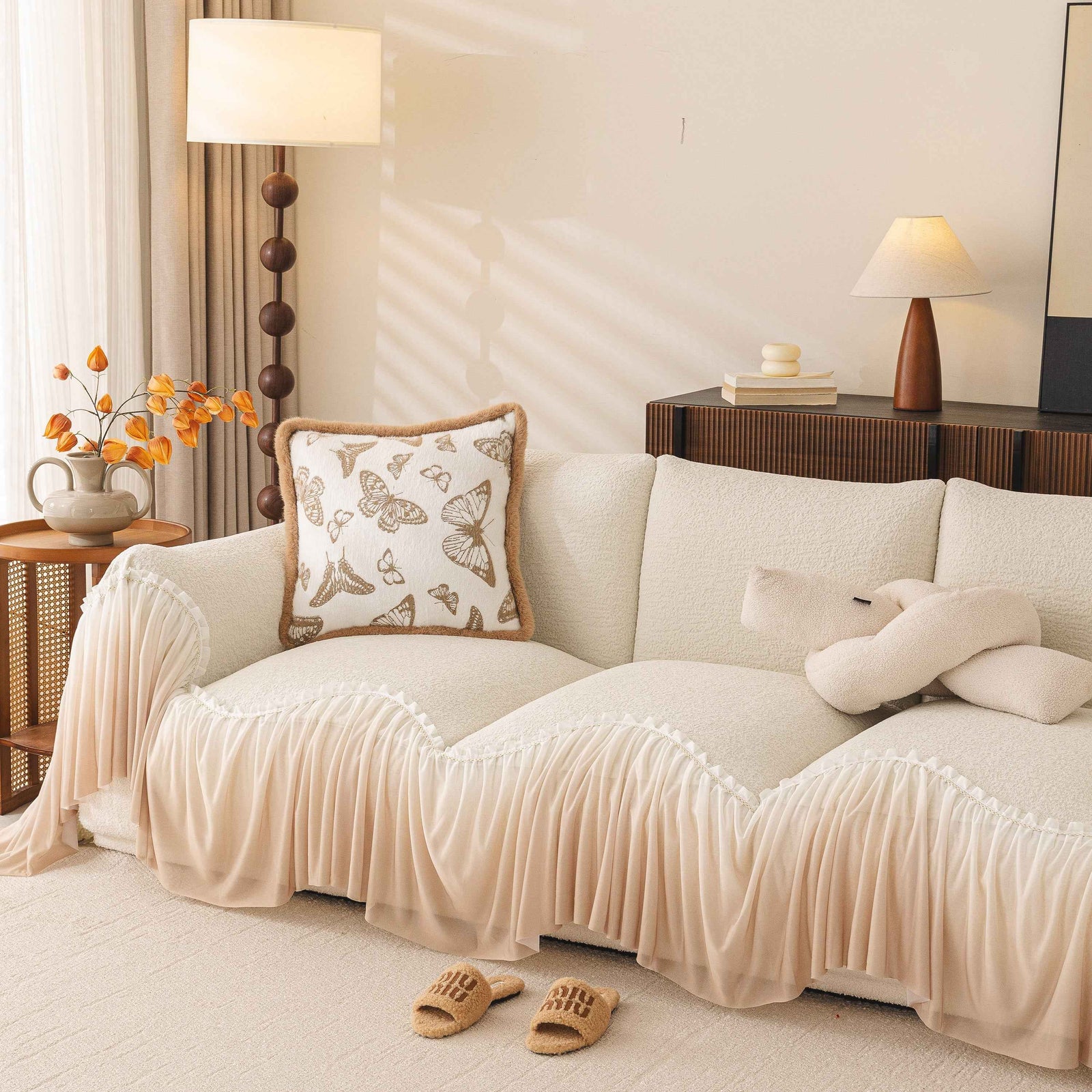 Luxury Sofa Throw Cover with Elegant Ruffled Skirt, Soft Decorative Couch Protector