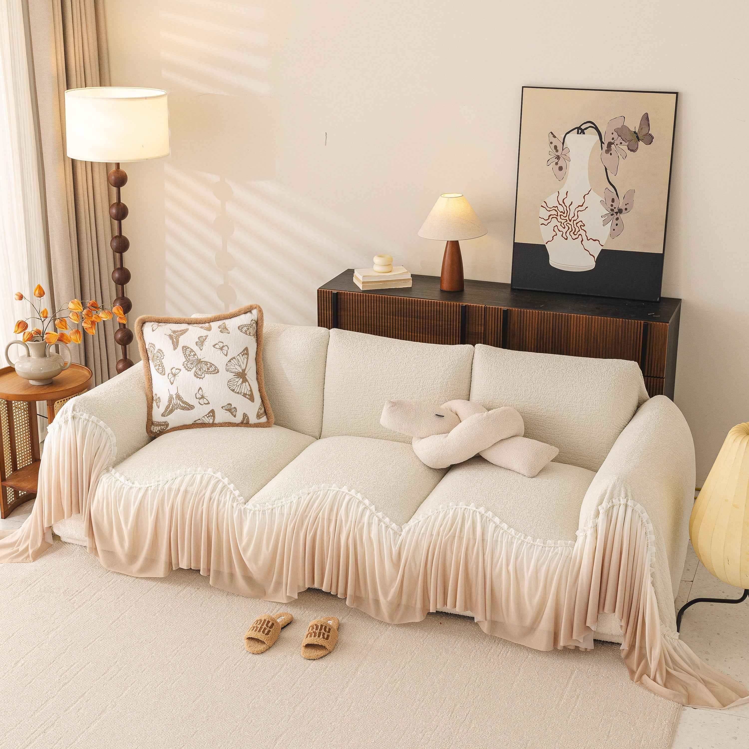 Luxury Sofa Throw Cover with Elegant Ruffled Skirt, Soft Decorative Couch Protector