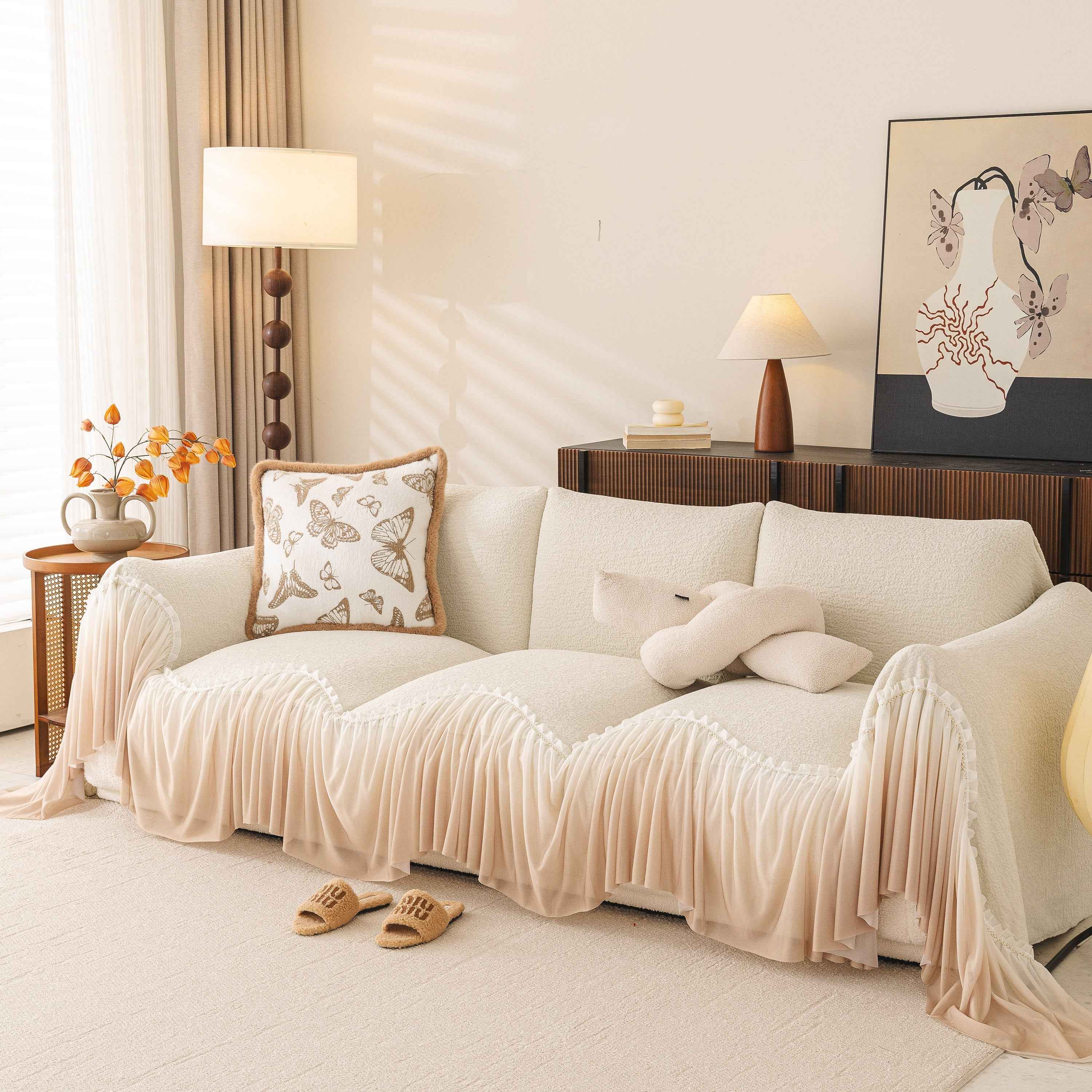 Luxury Sofa Throw Cover with Elegant Ruffled Skirt, Soft Decorative Couch Protector