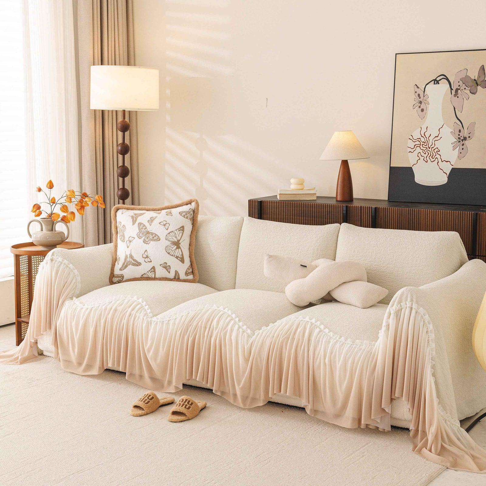 Luxury Sofa Throw Cover with Elegant Ruffled Skirt, Soft Decorative Couch Protector