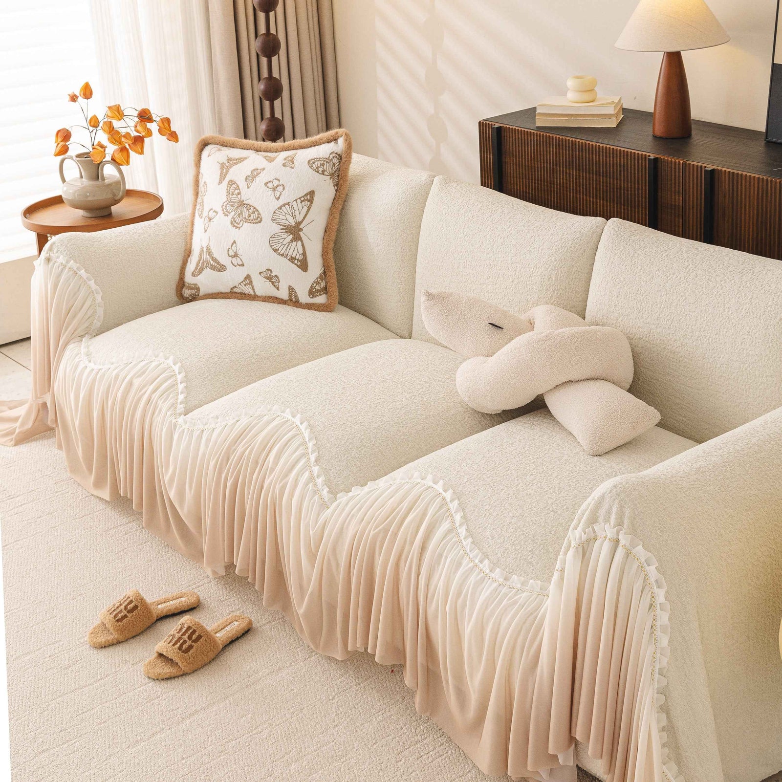 Luxury Sofa Throw Cover with Elegant Ruffled Skirt, Soft Decorative Couch Protector