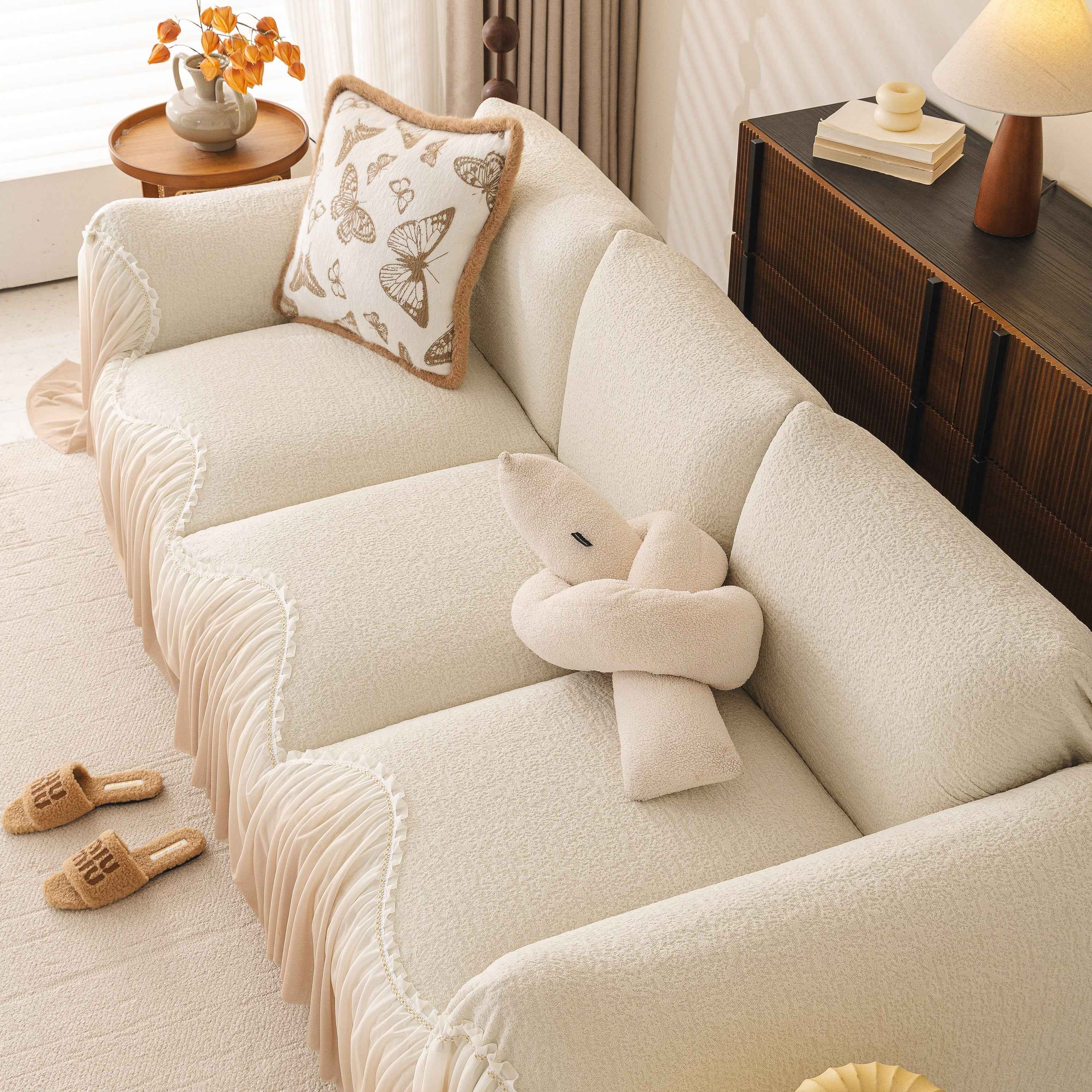 Luxury Sofa Throw Cover with Elegant Ruffled Skirt, Soft Decorative Couch Protector