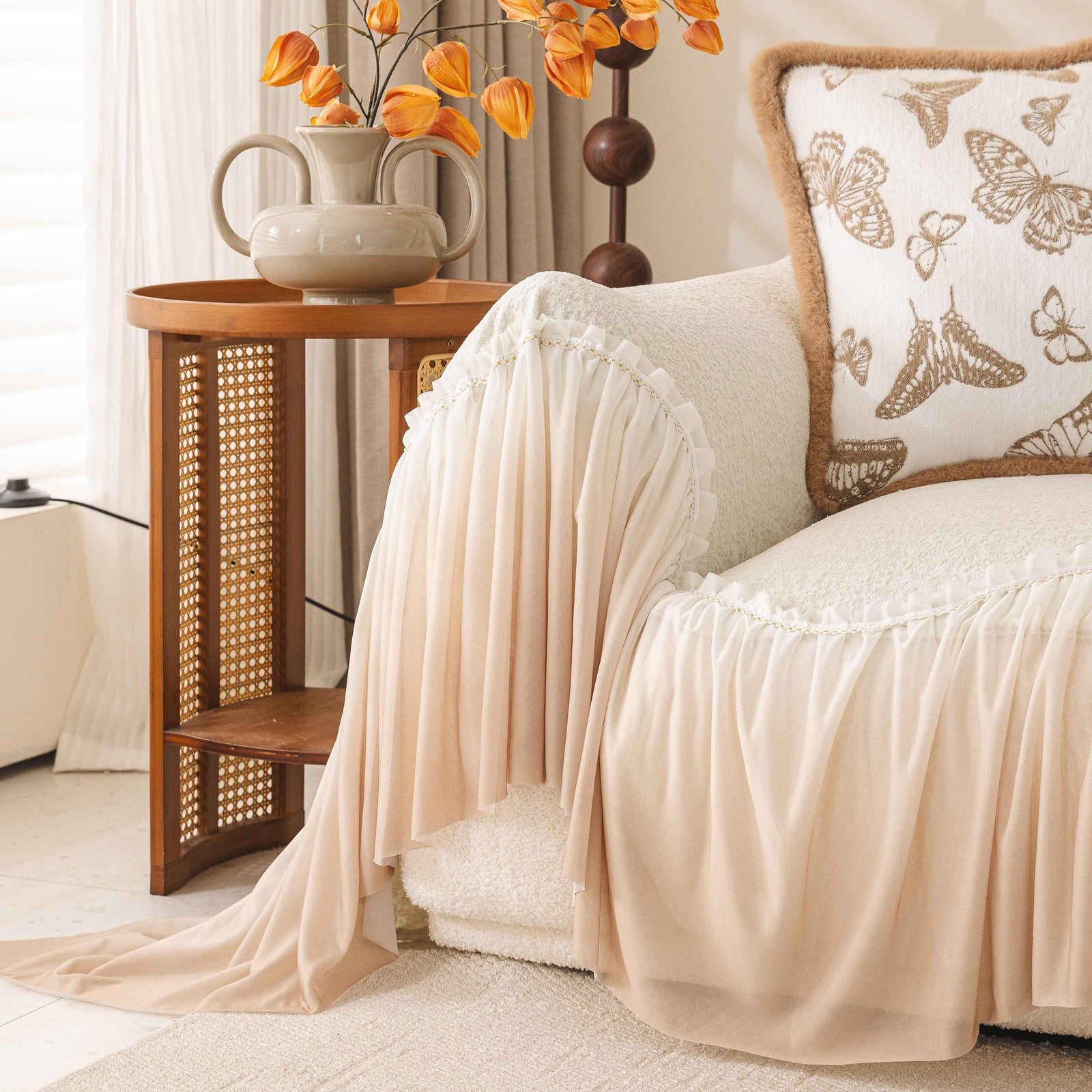 Luxury Sofa Throw Cover with Elegant Ruffled Skirt, Soft Decorative Couch Protector