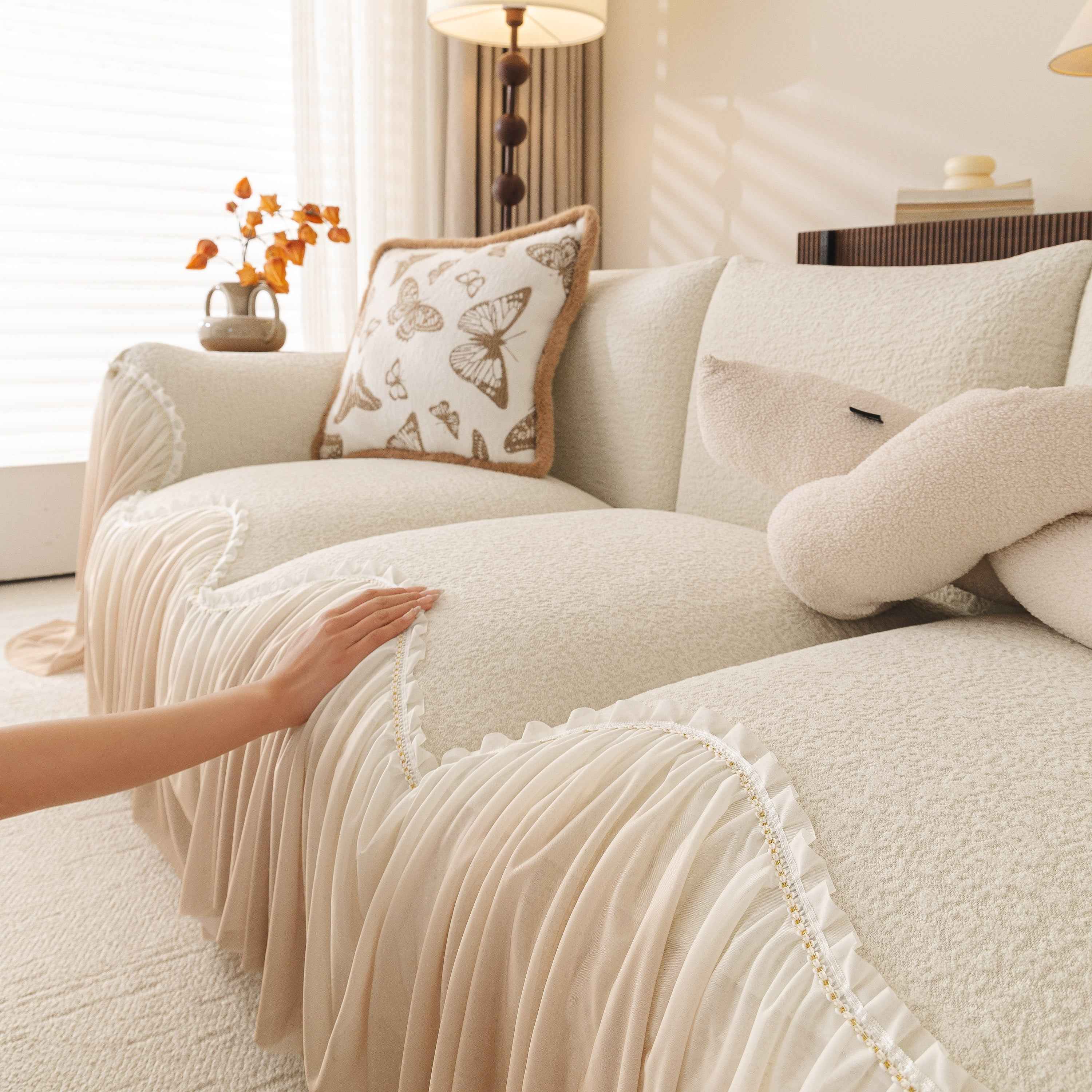 Luxury Sofa Throw Cover with Elegant Ruffled Skirt, Soft Decorative Couch Protector