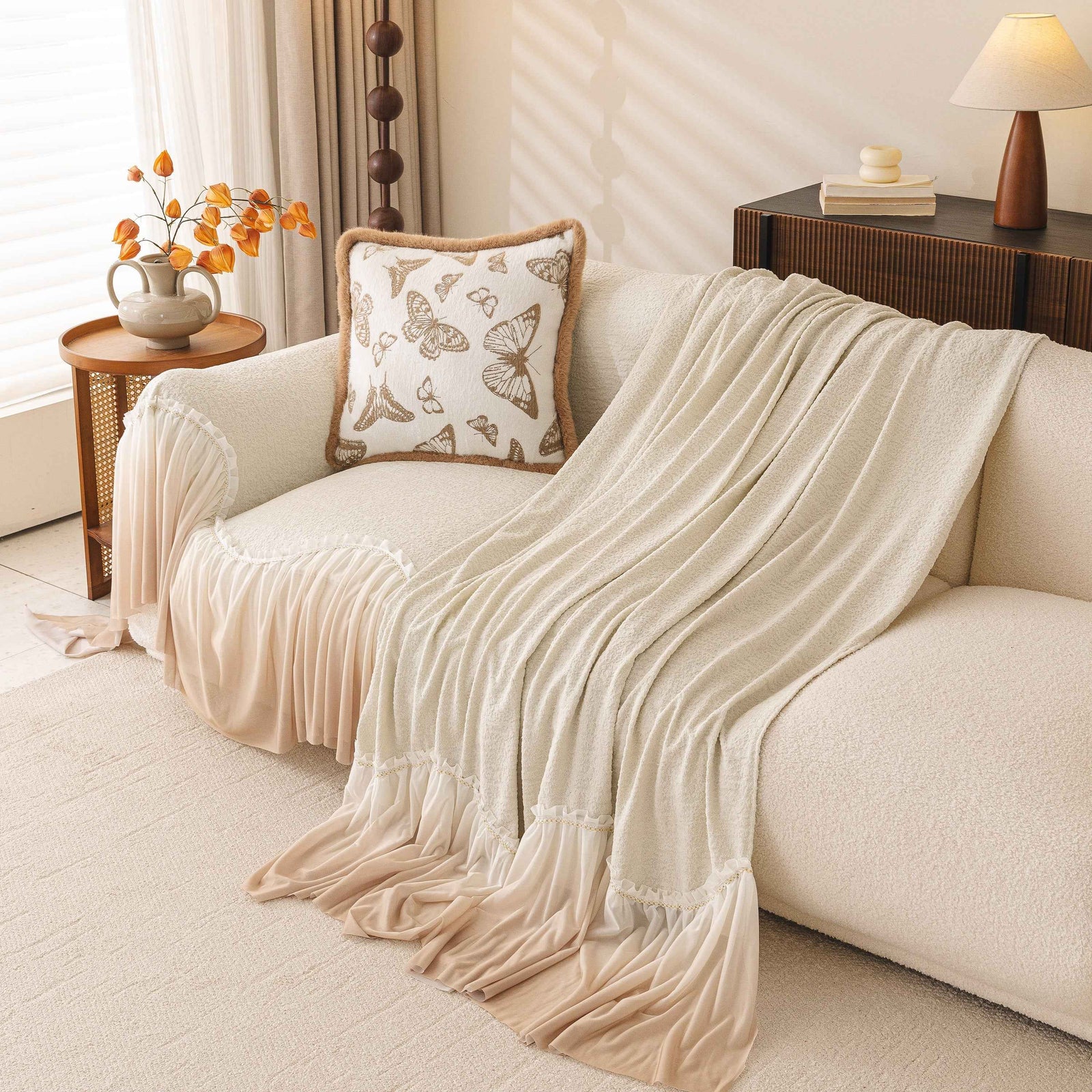 Luxury Sofa Throw Cover with Elegant Ruffled Skirt, Soft Decorative Couch Protector