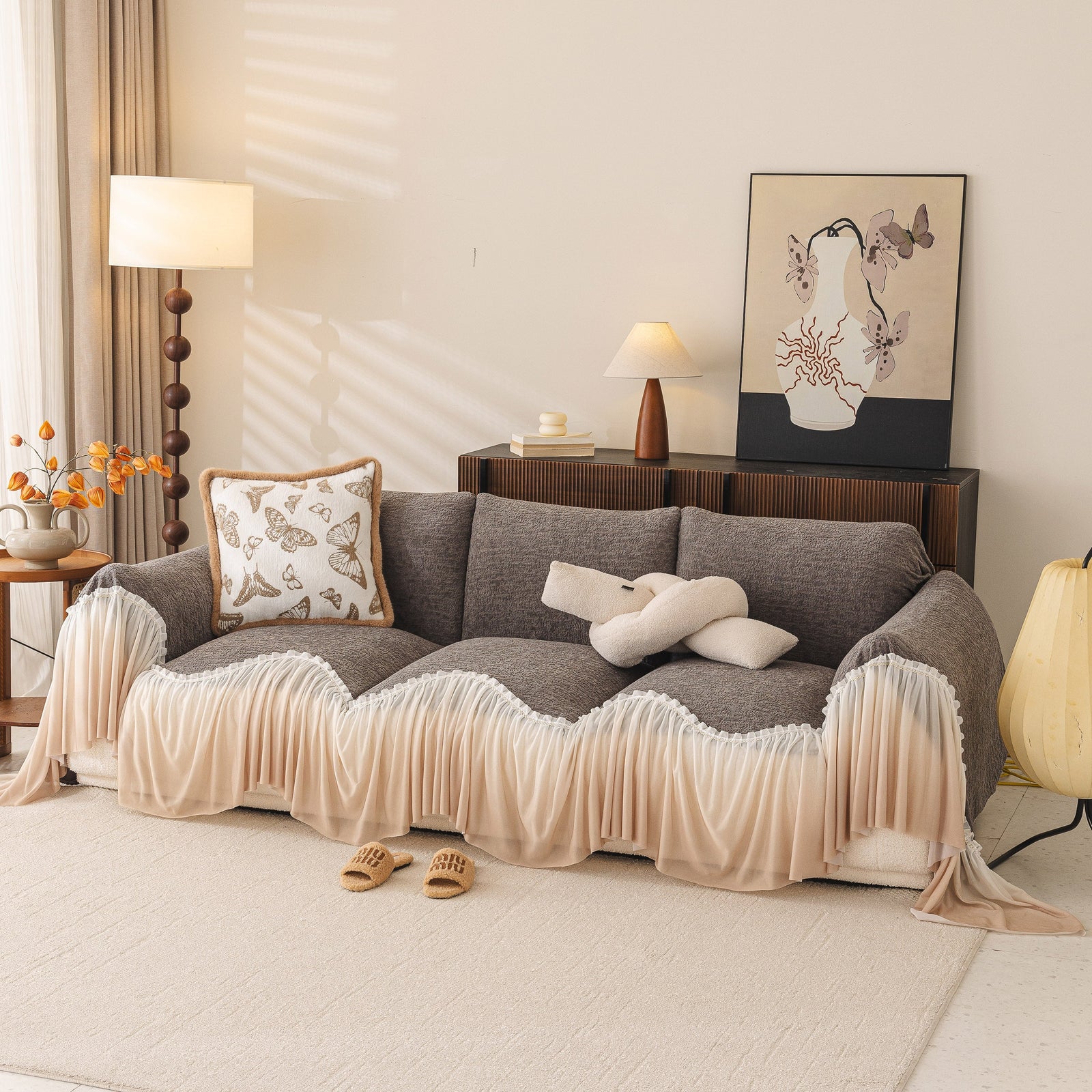 Luxury Sofa Throw Cover with Elegant Ruffled Skirt, Soft Decorative Couch Protector