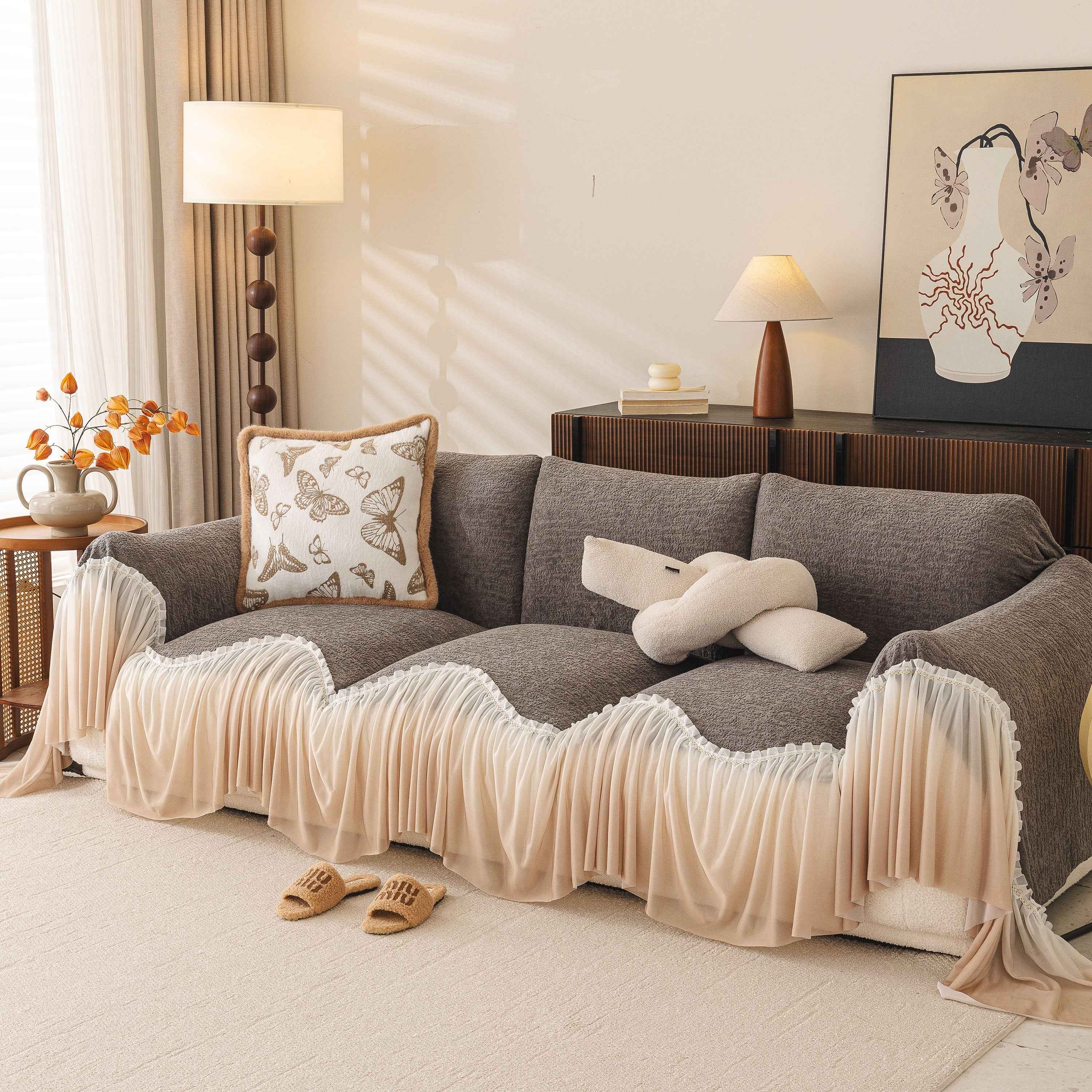 Luxury Sofa Throw Cover with Elegant Ruffled Skirt, Soft Decorative Couch Protector