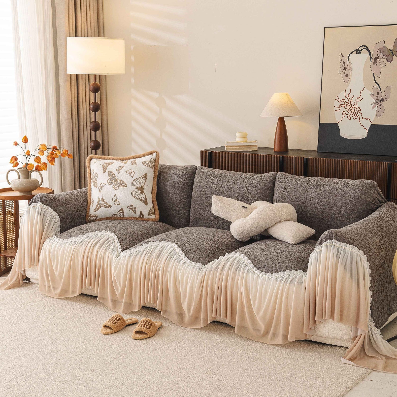 Luxury Sofa Throw Cover with Elegant Ruffled Skirt, Soft Decorative Couch Protector