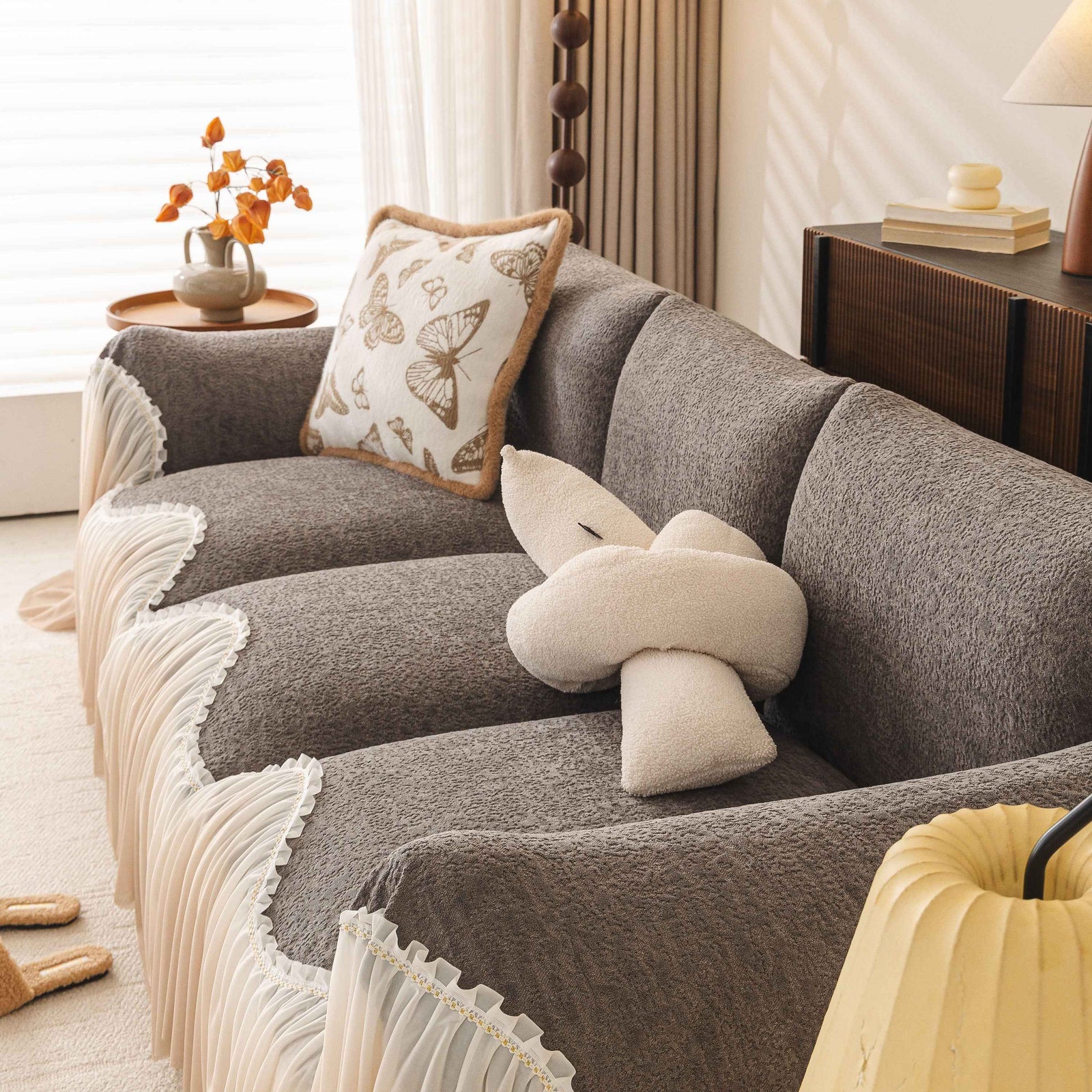 Luxury Sofa Throw Cover with Elegant Ruffled Skirt, Soft Decorative Couch Protector