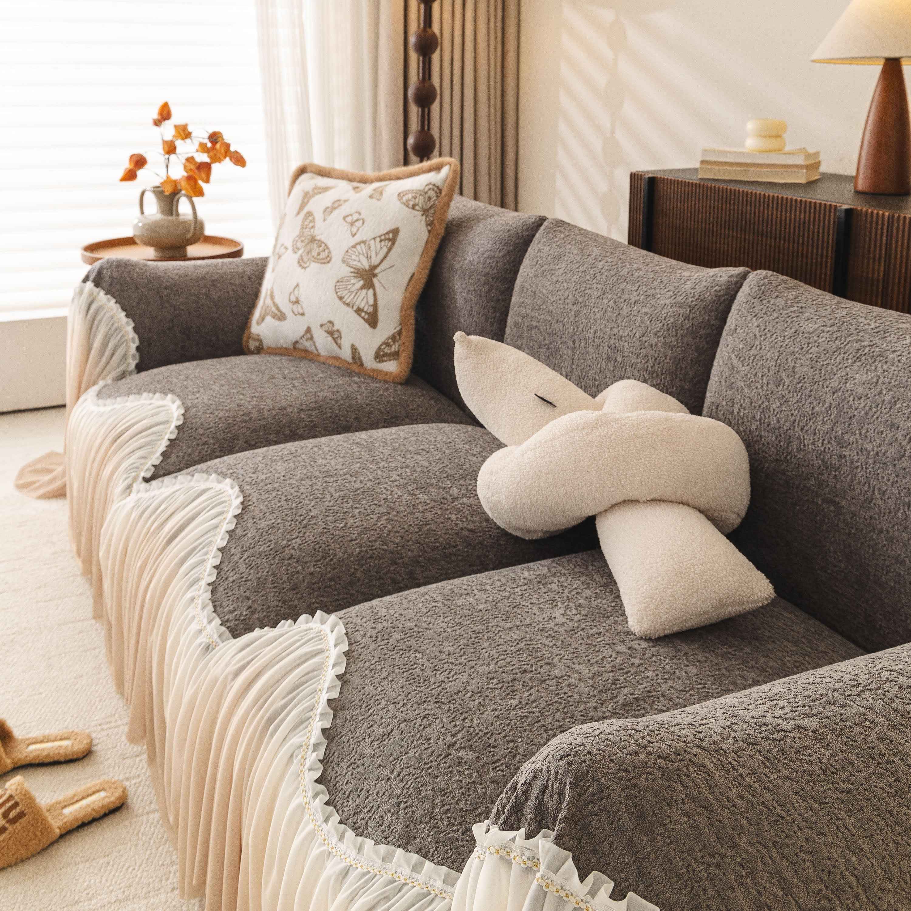 Luxury Sofa Throw Cover with Elegant Ruffled Skirt, Soft Decorative Couch Protector