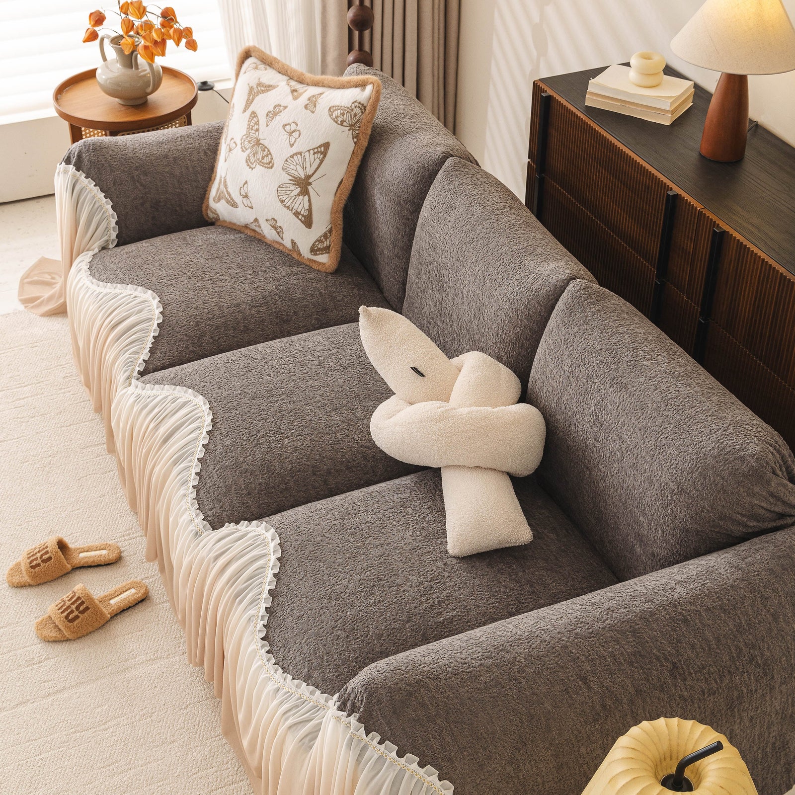 Luxury Sofa Throw Cover with Elegant Ruffled Skirt, Soft Decorative Couch Protector
