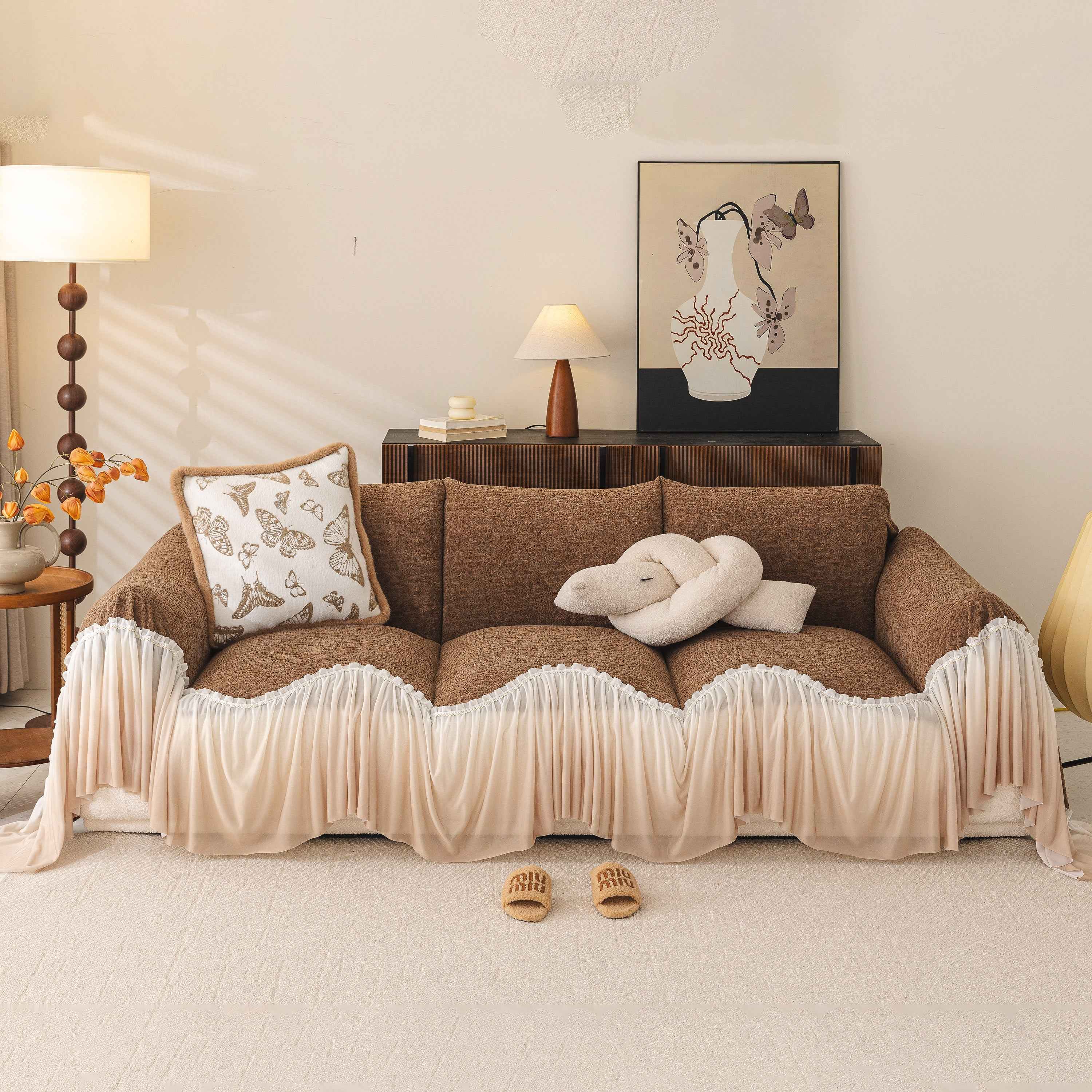 Luxury Sofa Throw Cover with Elegant Ruffled Skirt, Soft Decorative Couch Protector