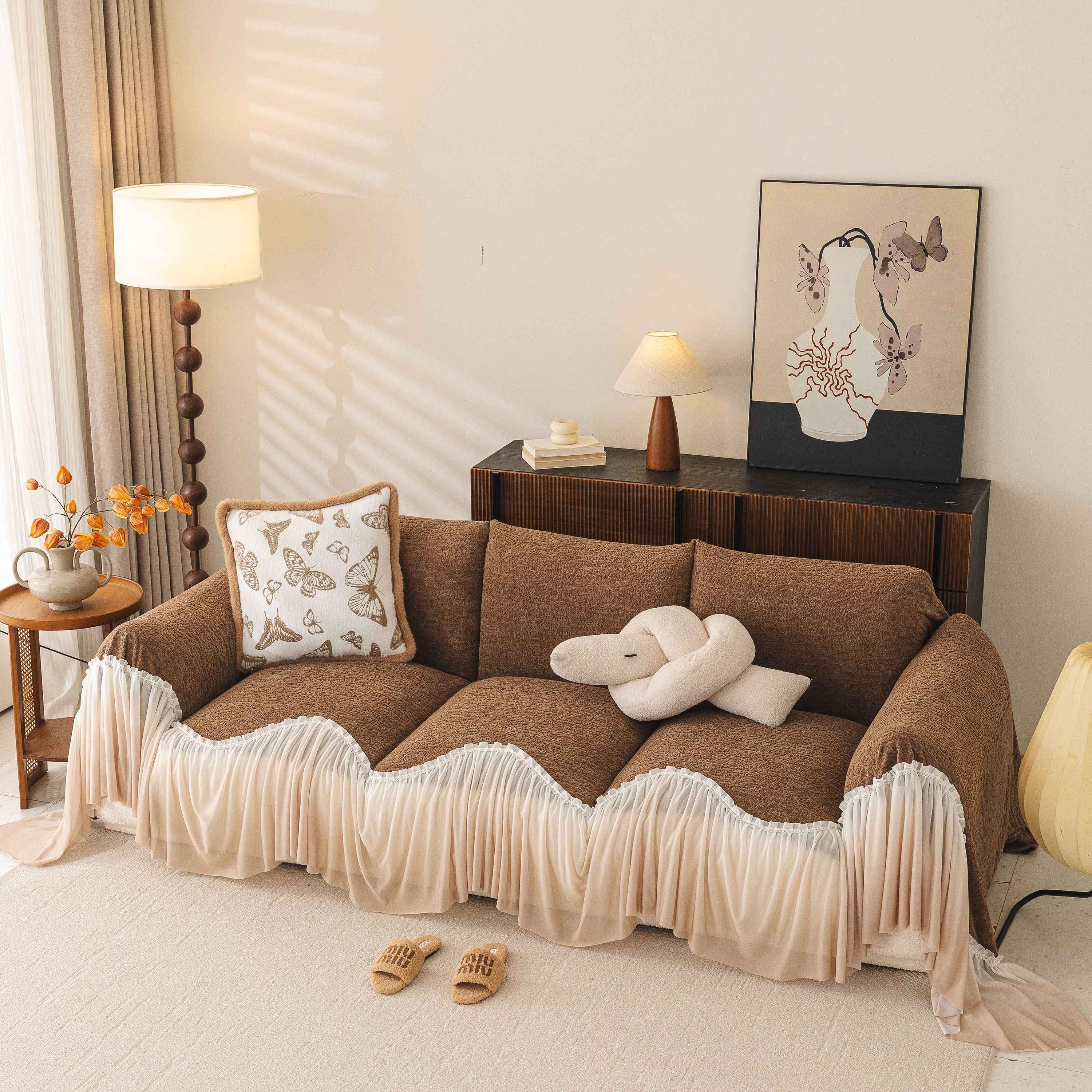 Luxury Sofa Throw Cover with Elegant Ruffled Skirt, Soft Decorative Couch Protector