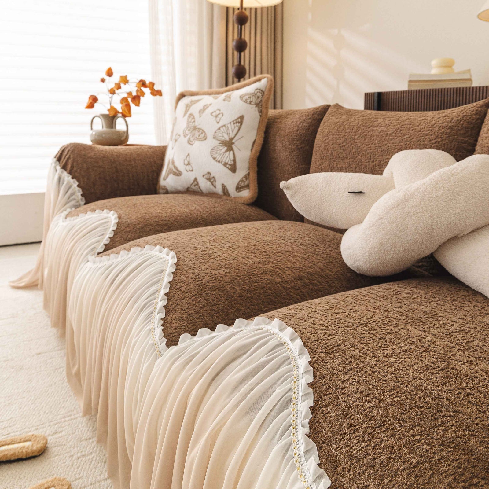 Luxury Sofa Throw Cover with Elegant Ruffled Skirt, Soft Decorative Couch Protector