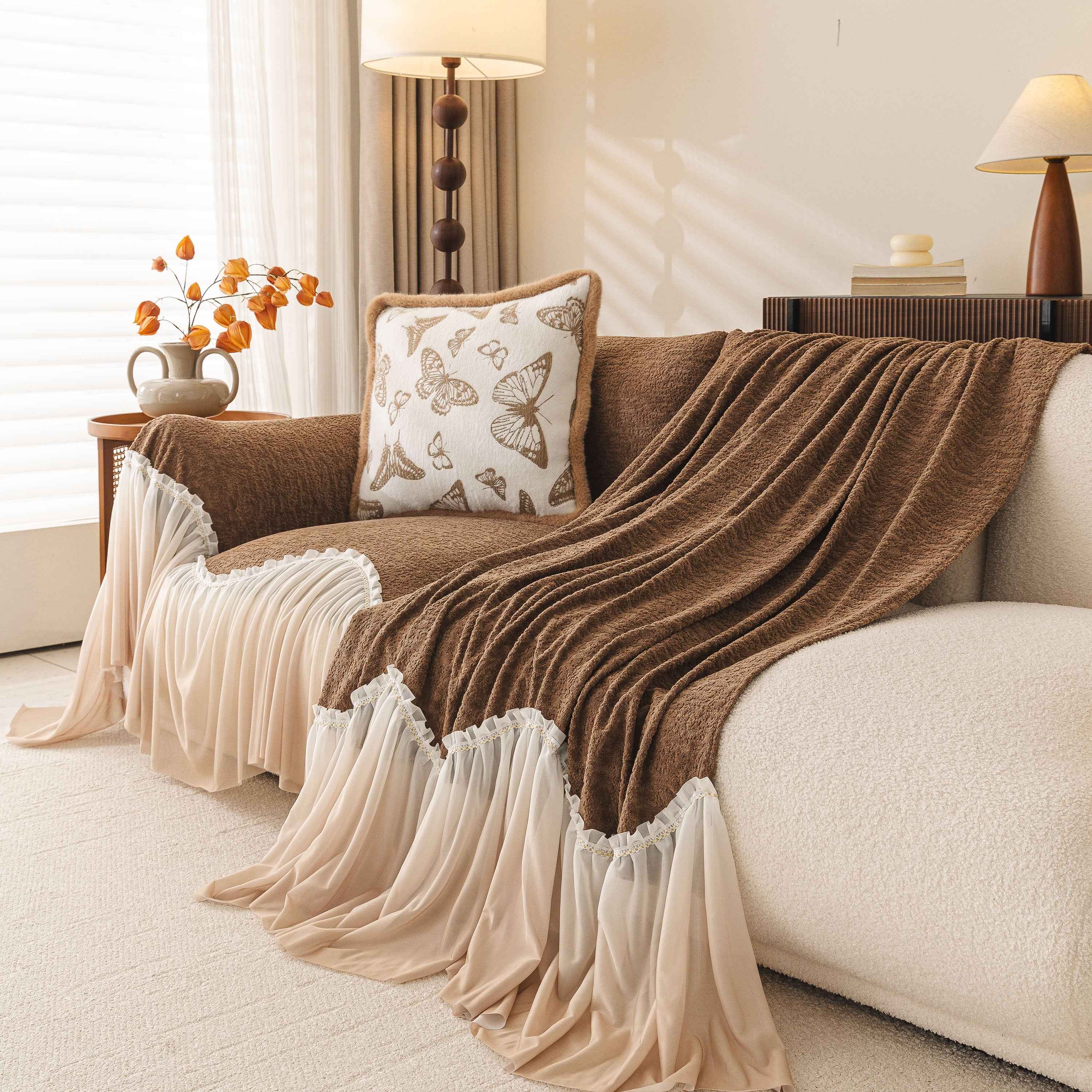 Luxury Sofa Throw Cover with Elegant Ruffled Skirt, Soft Decorative Couch Protector
