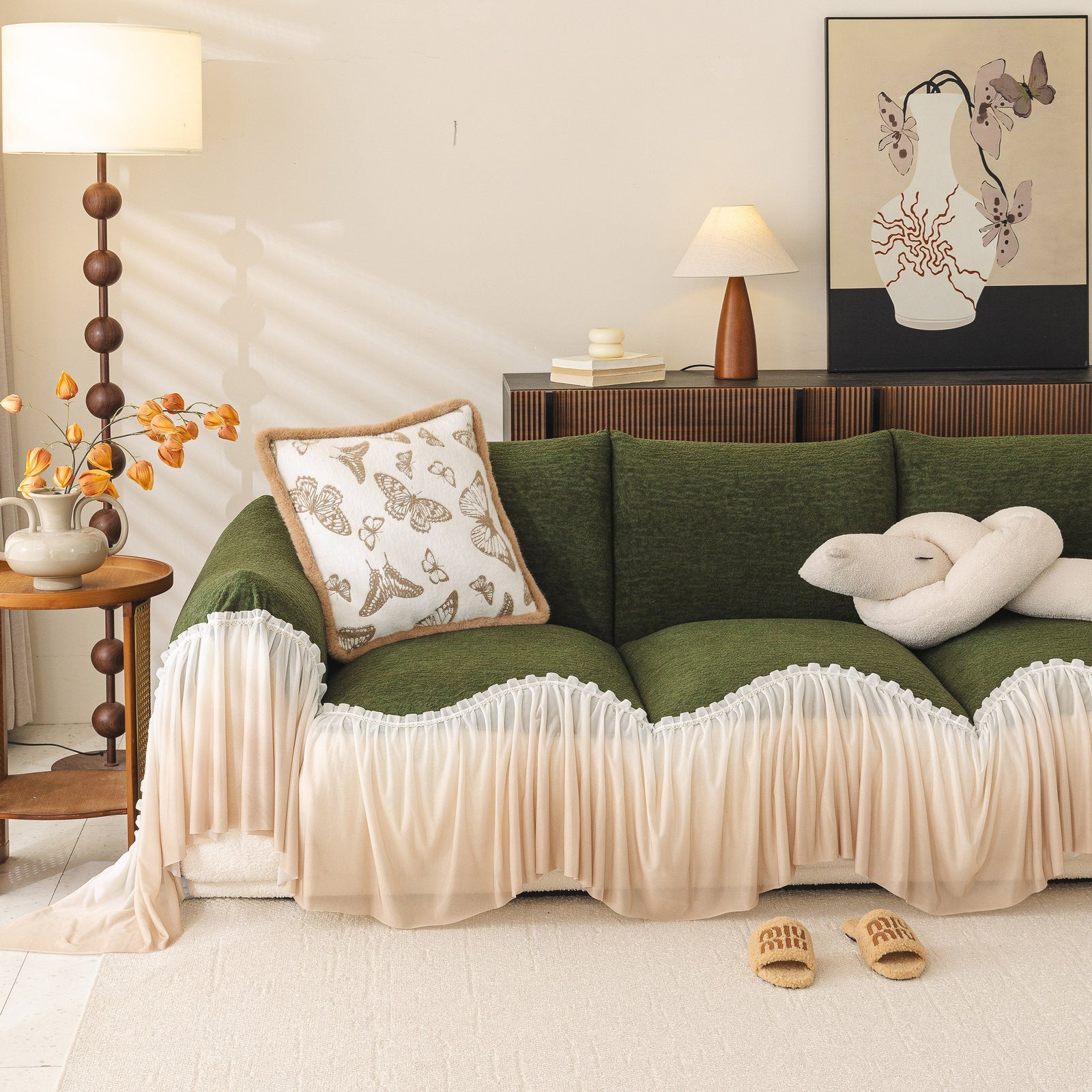 Luxury Sofa Throw Cover with Elegant Ruffled Skirt, Soft Decorative Couch Protector