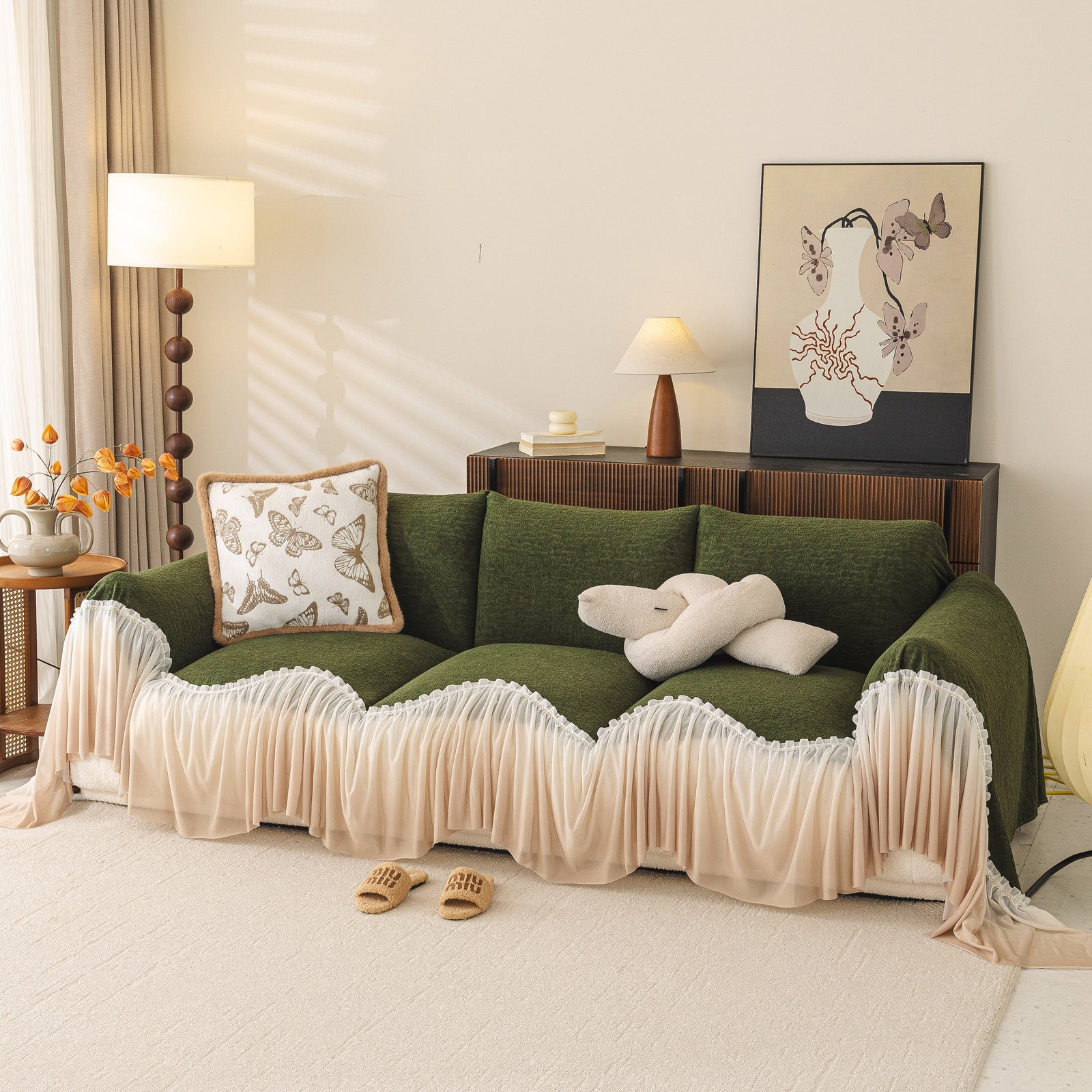 Luxury Sofa Throw Cover with Elegant Ruffled Skirt, Soft Decorative Couch Protector