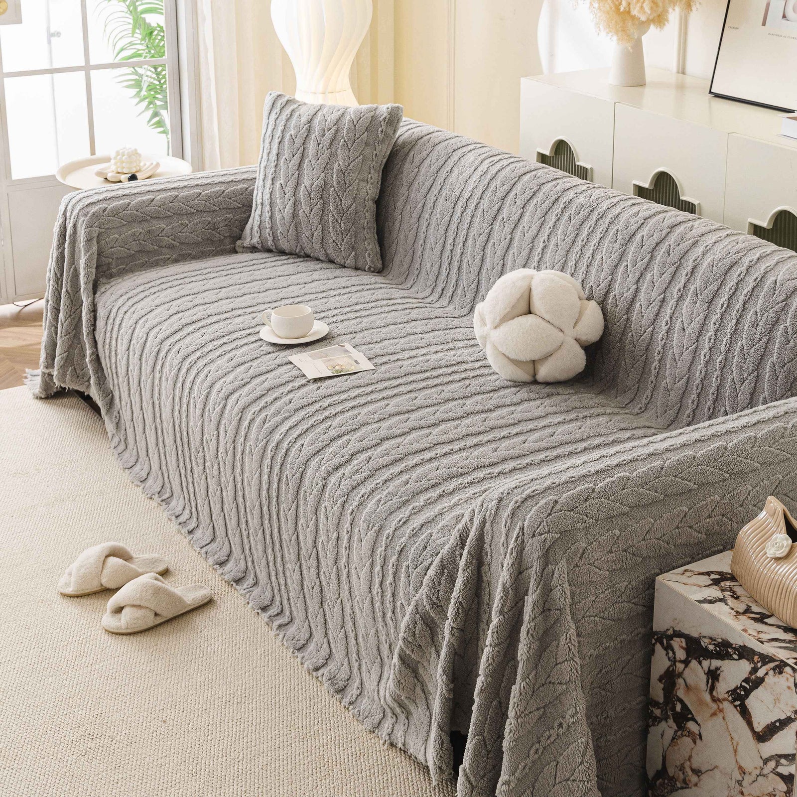 Thick Cozy 3D Cable Sofa Throw Cover, Plush Jacquard Warm Fleece Throw Blanket