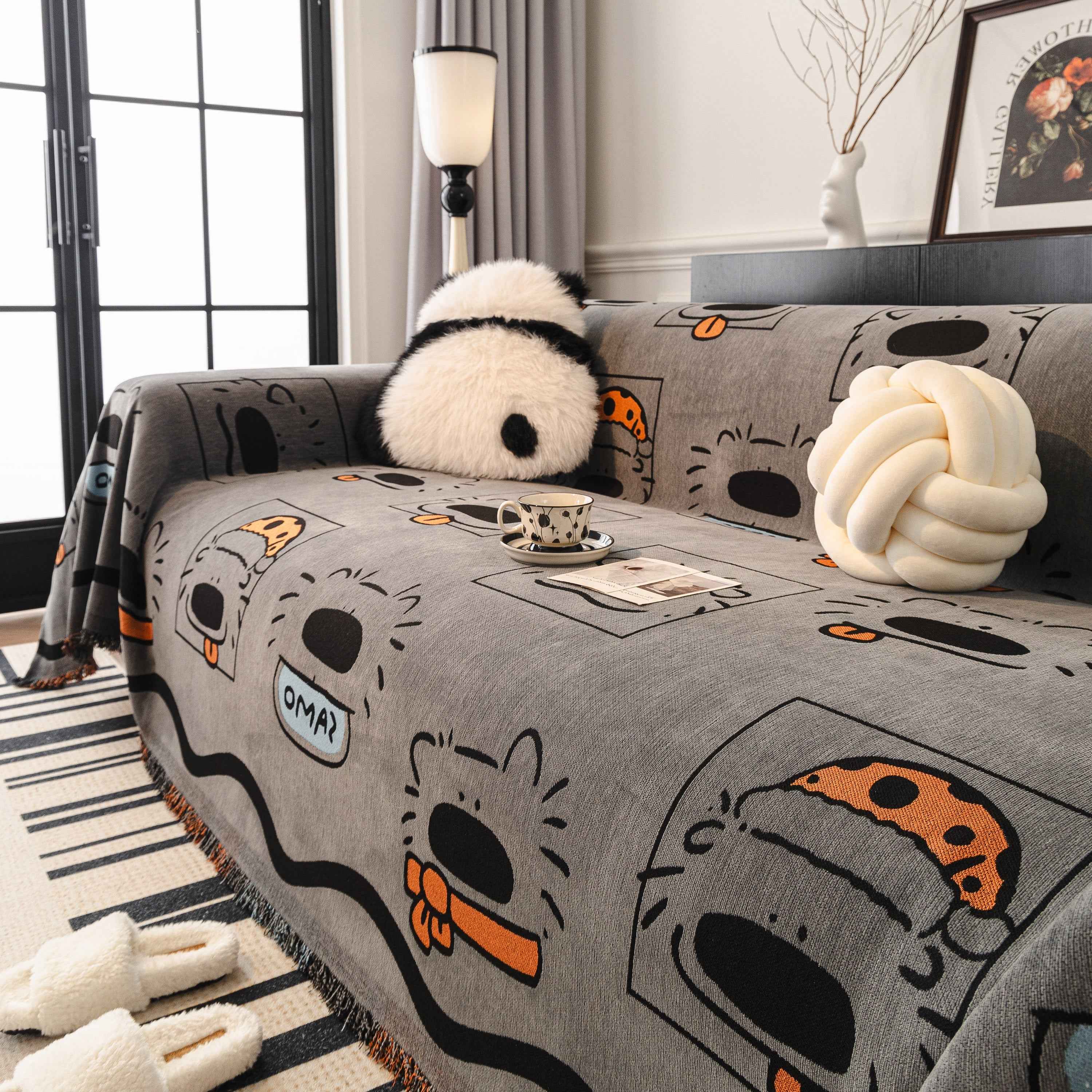 Cute Chenille Couch Cover Throw, Cartoon Soft Washable Sofa Cover for Sectional Sofas
