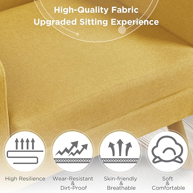 Yaheetech Mid-Century Accent Chairs, Modern Upholstered Living Room Chair, Cozy Armchair Button Tufted Back and Wood Legs for Bedroom/Office/Cafe, Yellow