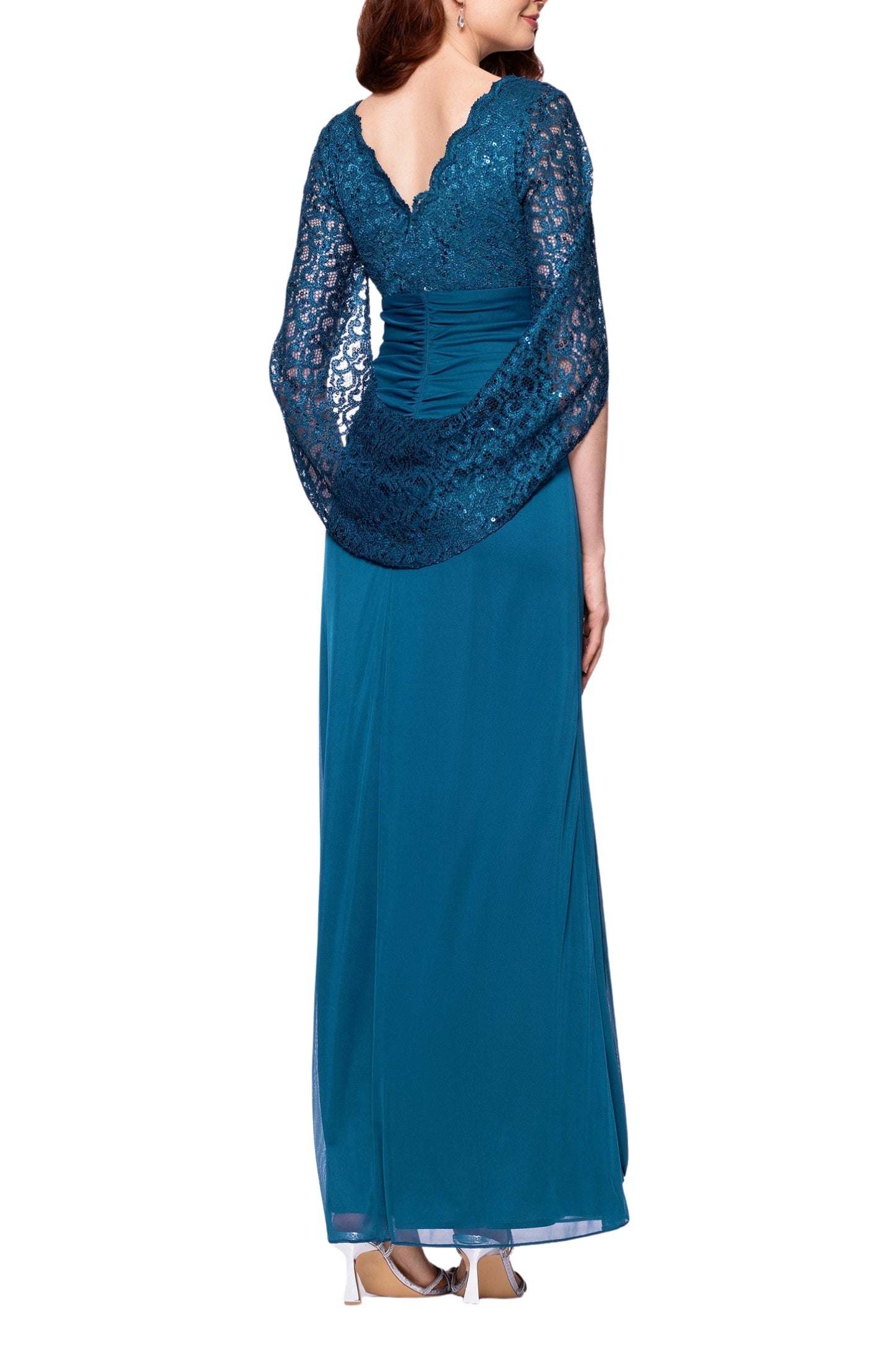 Betsy and Adam Carmyn V-Neckline Three-Quarter Lace Side Ruche Long Gown Dress