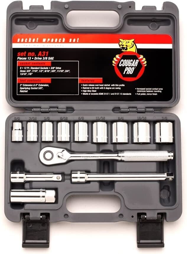 Cougar Pro Socket Wrench Box Set 13 Pieces 3/8