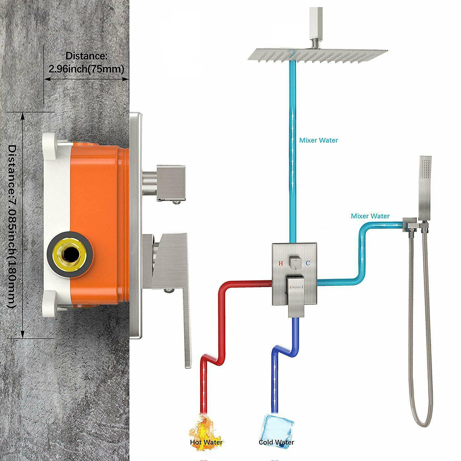 20'' or 24'' Ceiling-Mounted Chrome Rainfall Shower Faucet - Two-Way Functionality with Hand Shower & 3-Color LED System