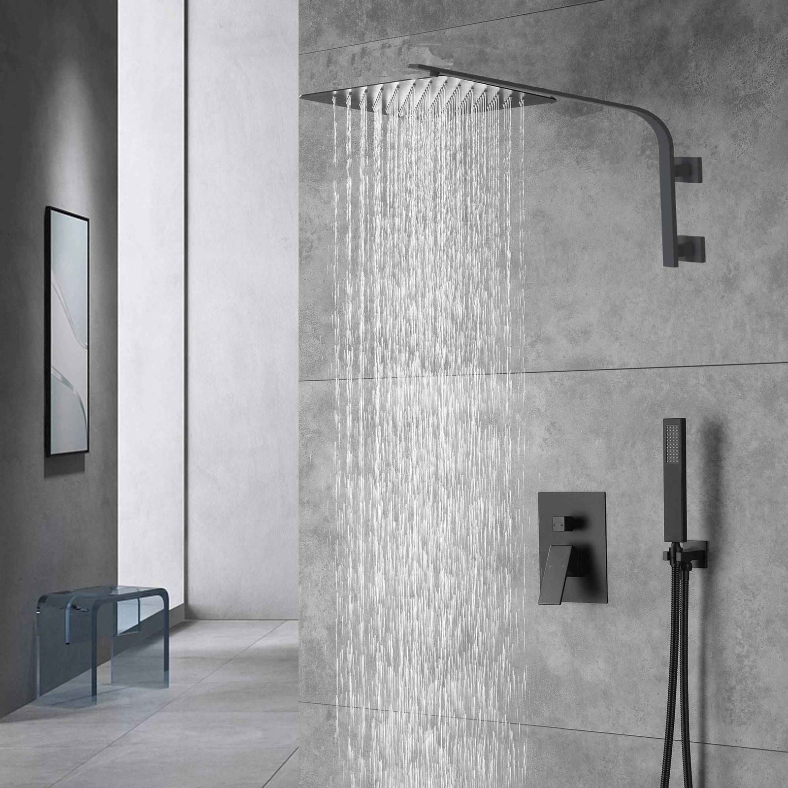 12inch 2 way Big arc Wall Mounted Matte Black Shower System with two function pressure balance Rough-in Valve Body and Trim