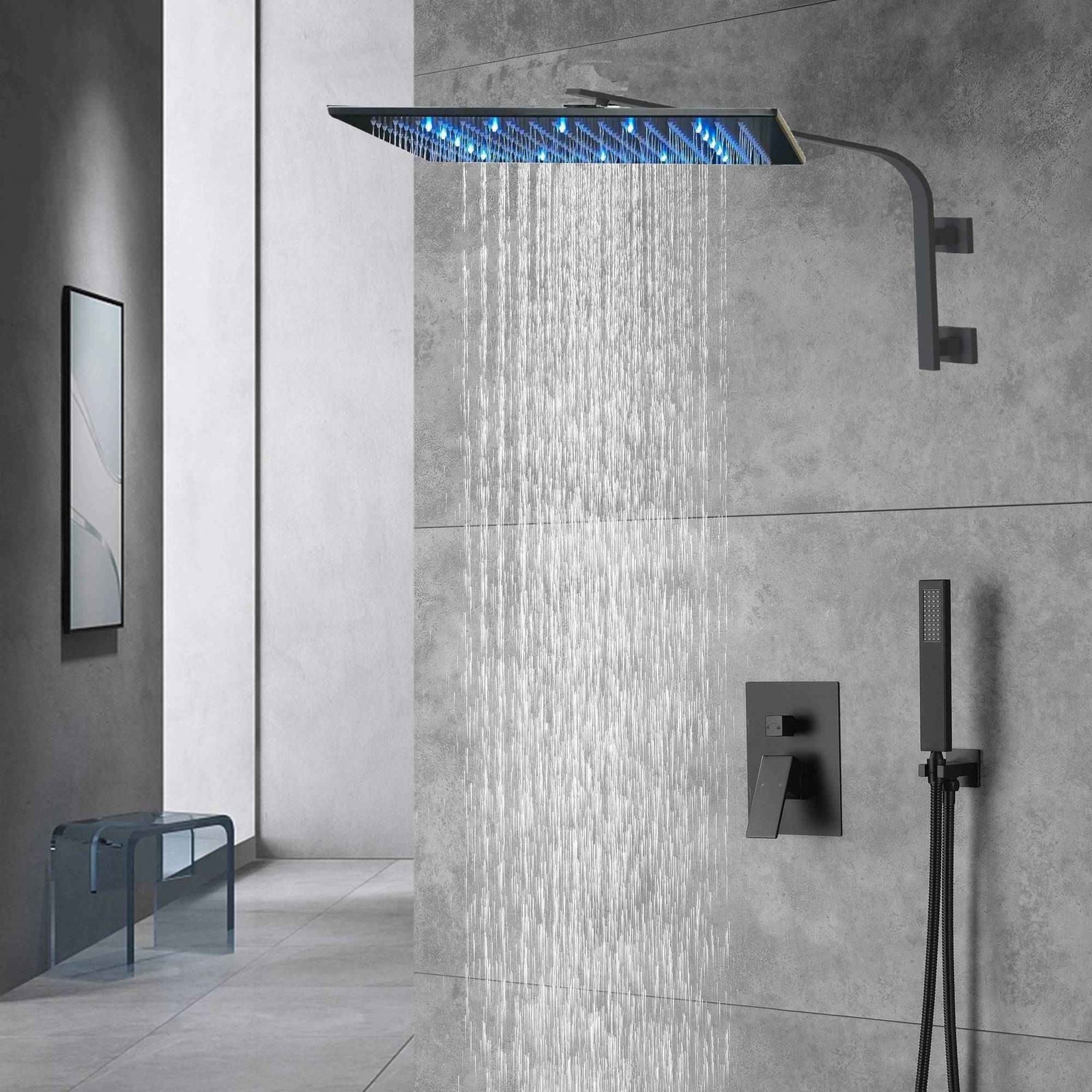 12inch 2 way Big arc Wall Mounted Matte Black Shower System with two function pressure balance Rough-in Valve Body and Trim