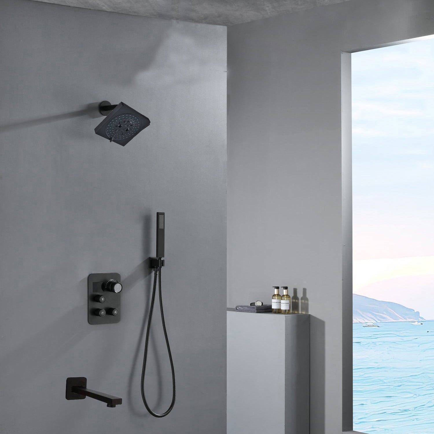 6 INCH Wall Mount Matte Black Rain Shower Head with Thermostatic Faucet and Tub Spout - Immerse in a Blissful Shower Experience