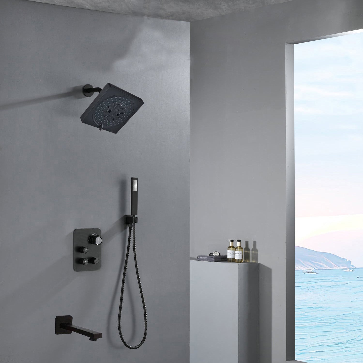 6 INCH Wall Mount Matte Black Rain Shower Head with Thermostatic Faucet and Tub Spout - Immerse in a Blissful Shower Experience