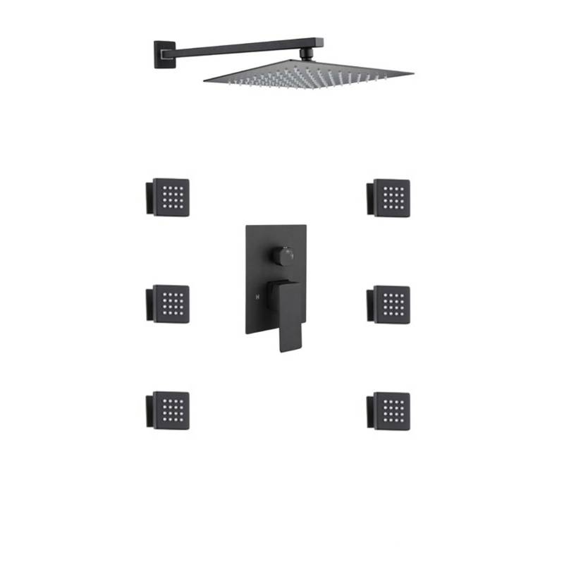 8 inch matte black rain shower system 2 way rough in valve with trim and 6 body jets