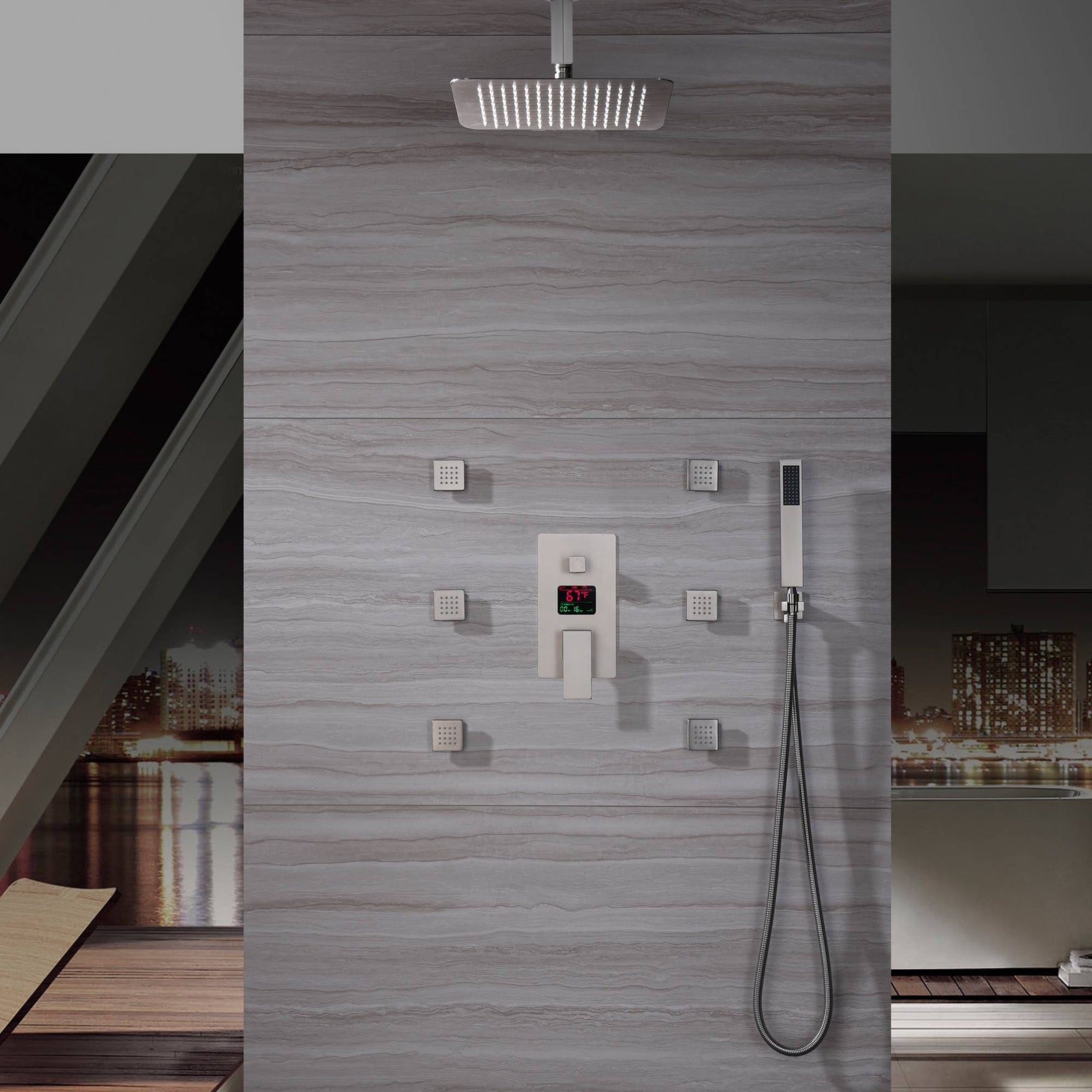 12 Inch or 16 Inch Ceiling Mounted 3-Way Brushed Nickel Digital Display Shower Faucet - Includes 6 Body Jets