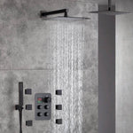 12-Inch Non-LED Oil Rubbed Bronze (ORB) Ceiling-Mounted 4-Way Thermostatic Valve with Wall-Mounted 12-Inch Rain Head, Body Jets, and Dual Functionality