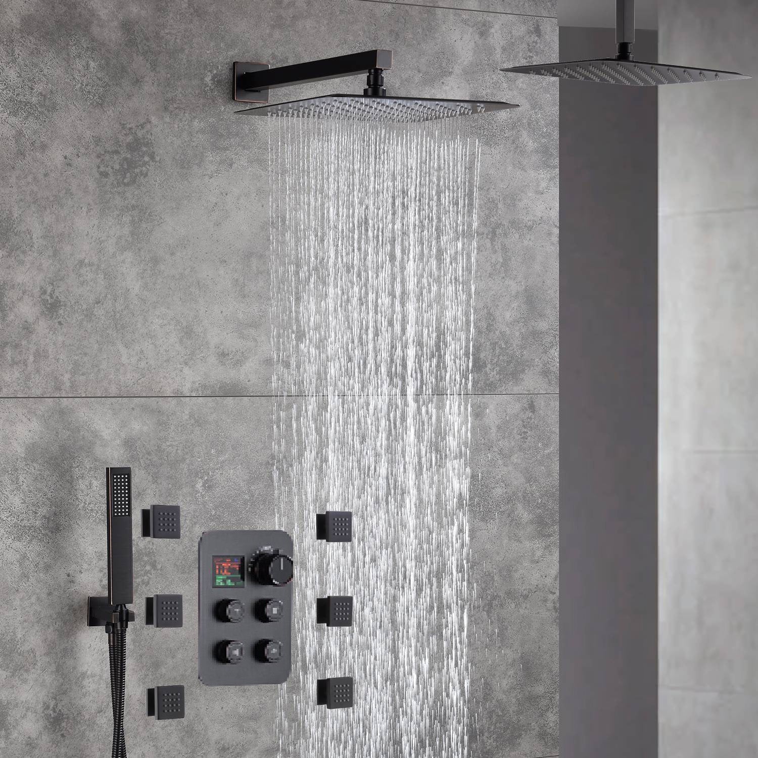 12-Inch Non-LED Oil Rubbed Bronze (ORB) Ceiling-Mounted 4-Way Thermostatic Valve with Wall-Mounted 12-Inch Rain Head, Body Jets, and Dual Functionality