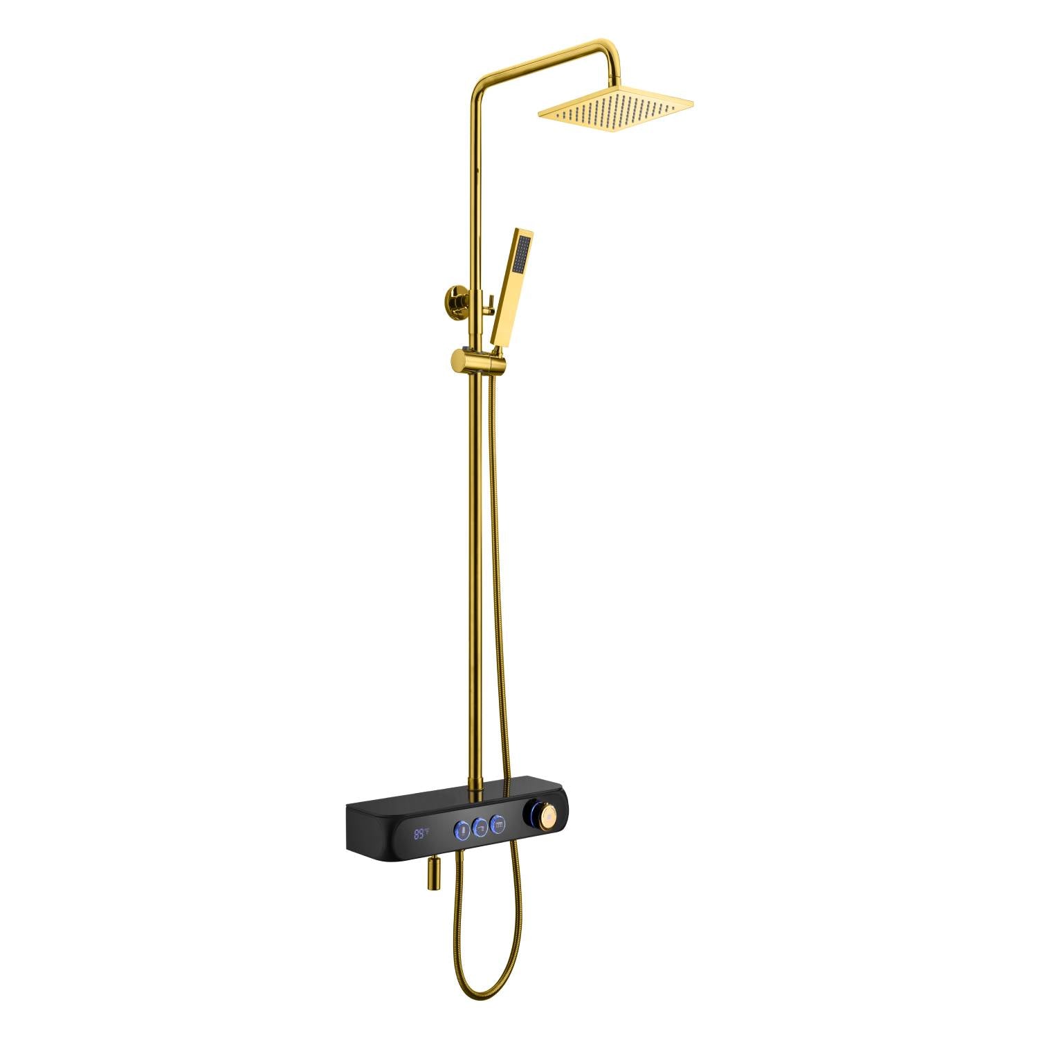 Gold Thermostatic Shower Set with Digital Display, Hand Shower, Tub Spout - 3 Functions