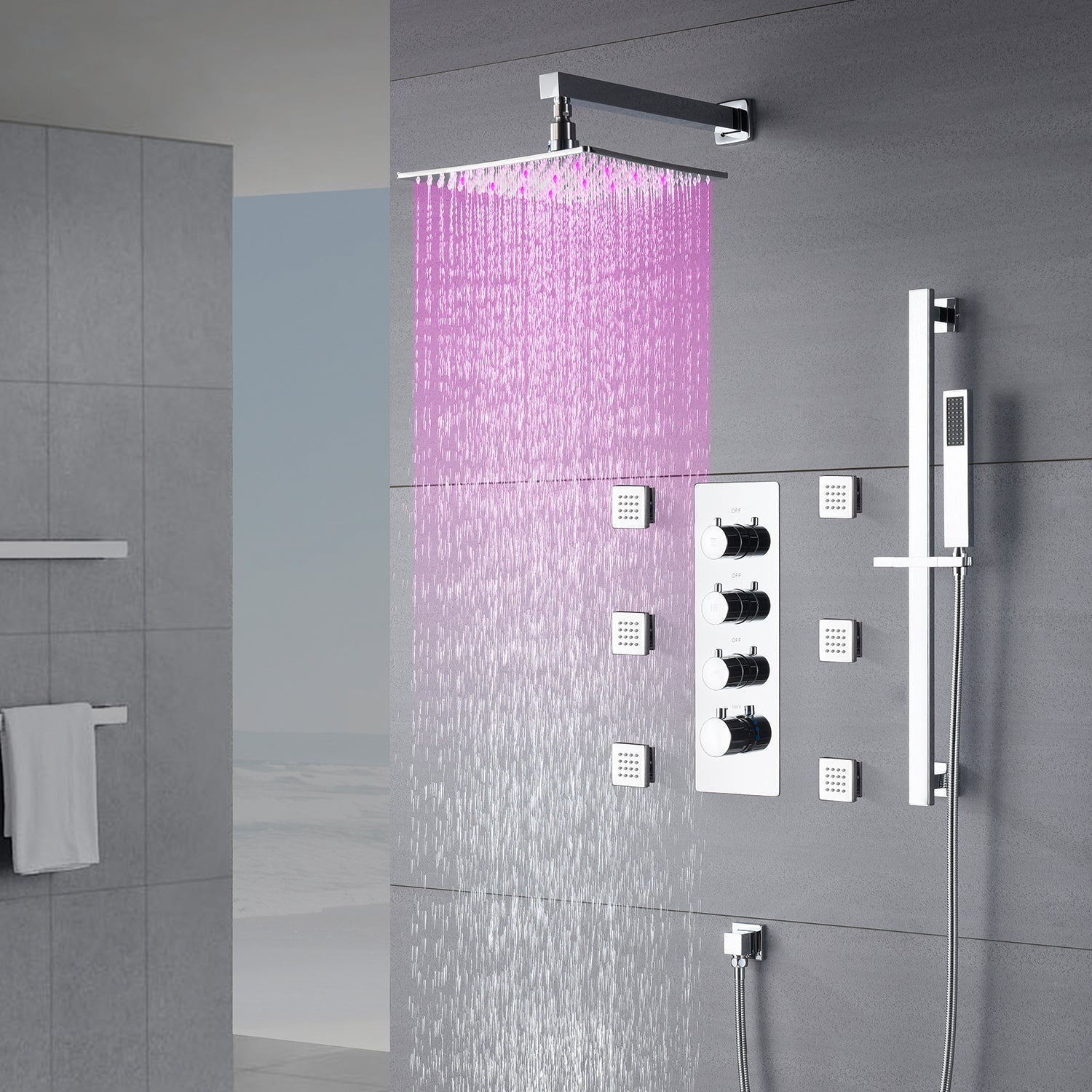 Chrome 12inch LED light Wall mount 3 way thermostatic shower faucet with 6 body jets and sliding bar