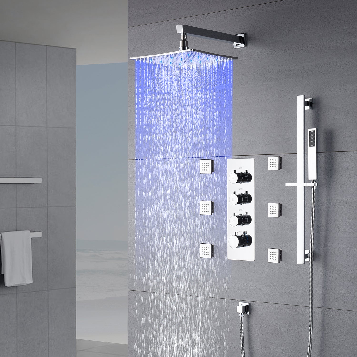 Chrome 12inch LED light Wall mount 3 way thermostatic shower faucet with 6 body jets and sliding bar