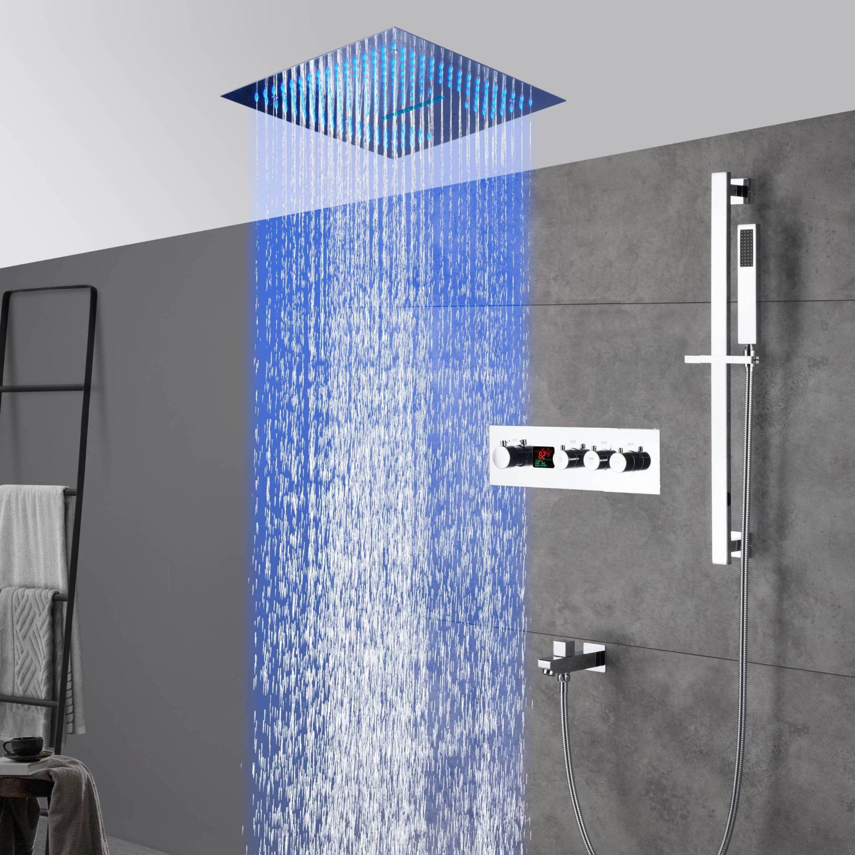 16-Inch Chrome Digital Thermostatic Shower System: 3-Way Control, Flush-Mounted, 64-Color LED Lighting, Bluetooth Music, Rainfall & Waterfall Features