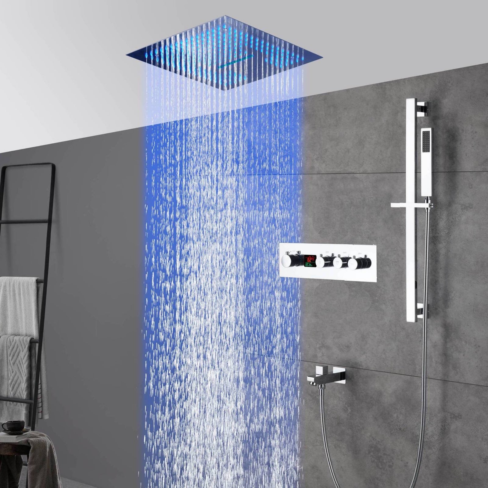 16-Inch Chrome Digital Thermostatic Shower System: 3-Way Control, Flush-Mounted, 64-Color LED Lighting, Bluetooth Music, Rainfall & Waterfall Features